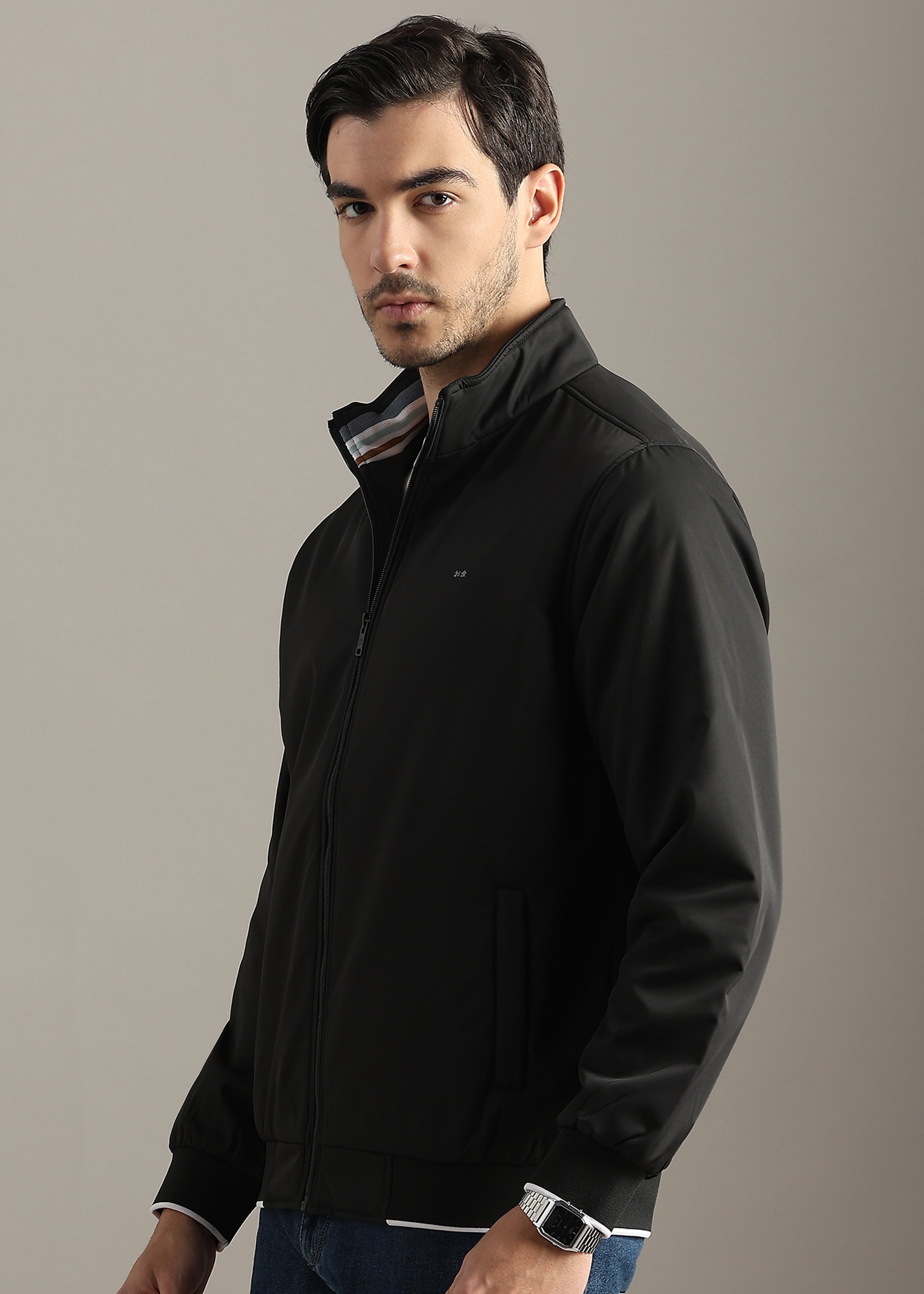 BLACK SOLID PREMIUM HARRINGTON NYLON FULL SLEEVE JACKET