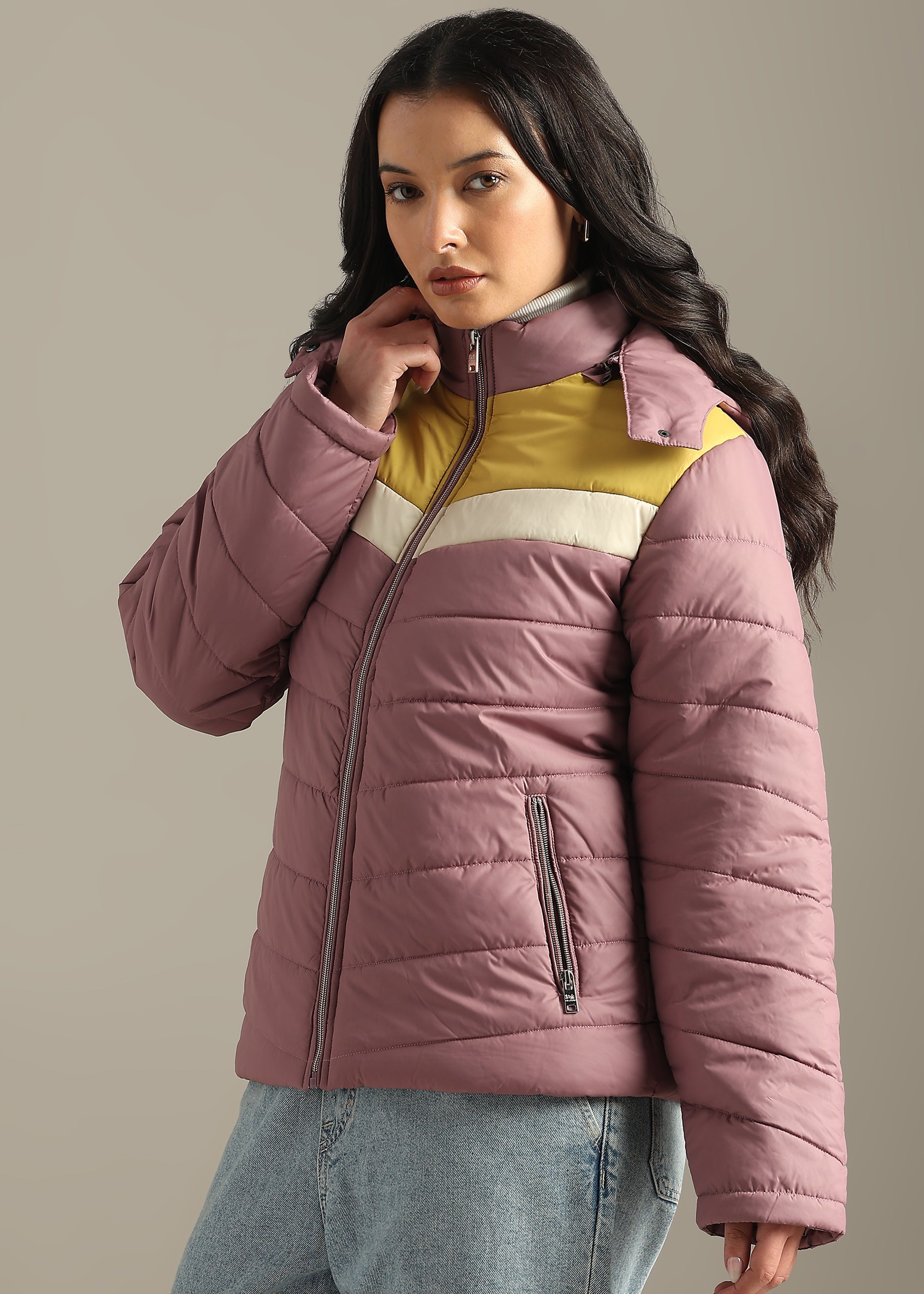 PINK NYLON COLOUR-BLOCK PUFFER FULL SLEEVE JACKET
