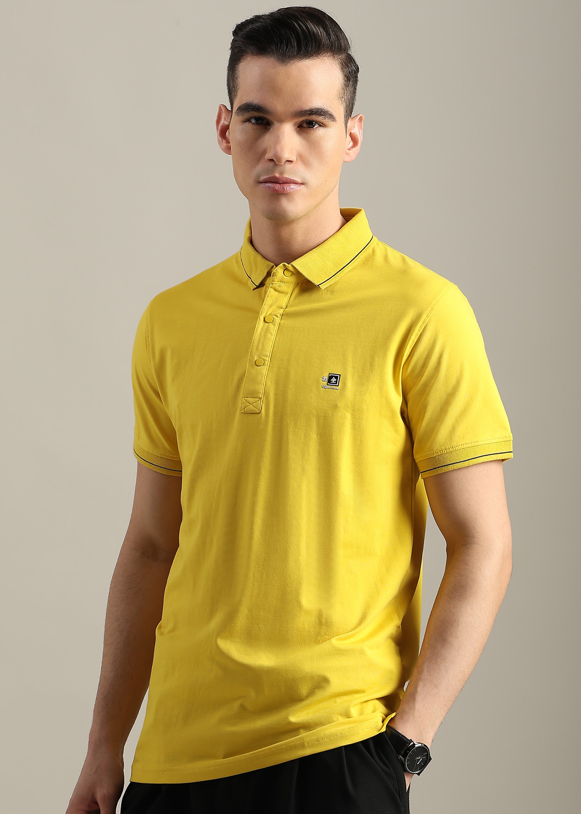 YELLOW SOLID COTTON ELASTANE POLO TEE