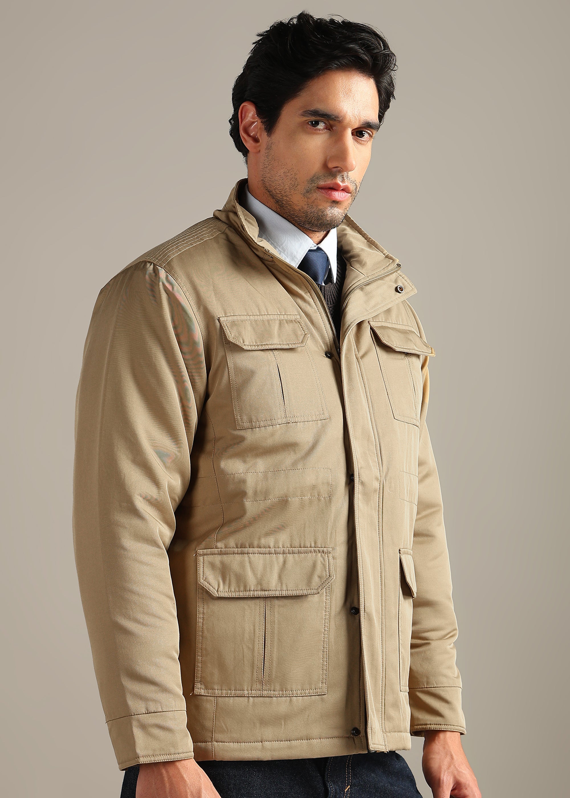 BEIGE SOLID FUR COTTON CARGO FULL SLEEVE JACKET