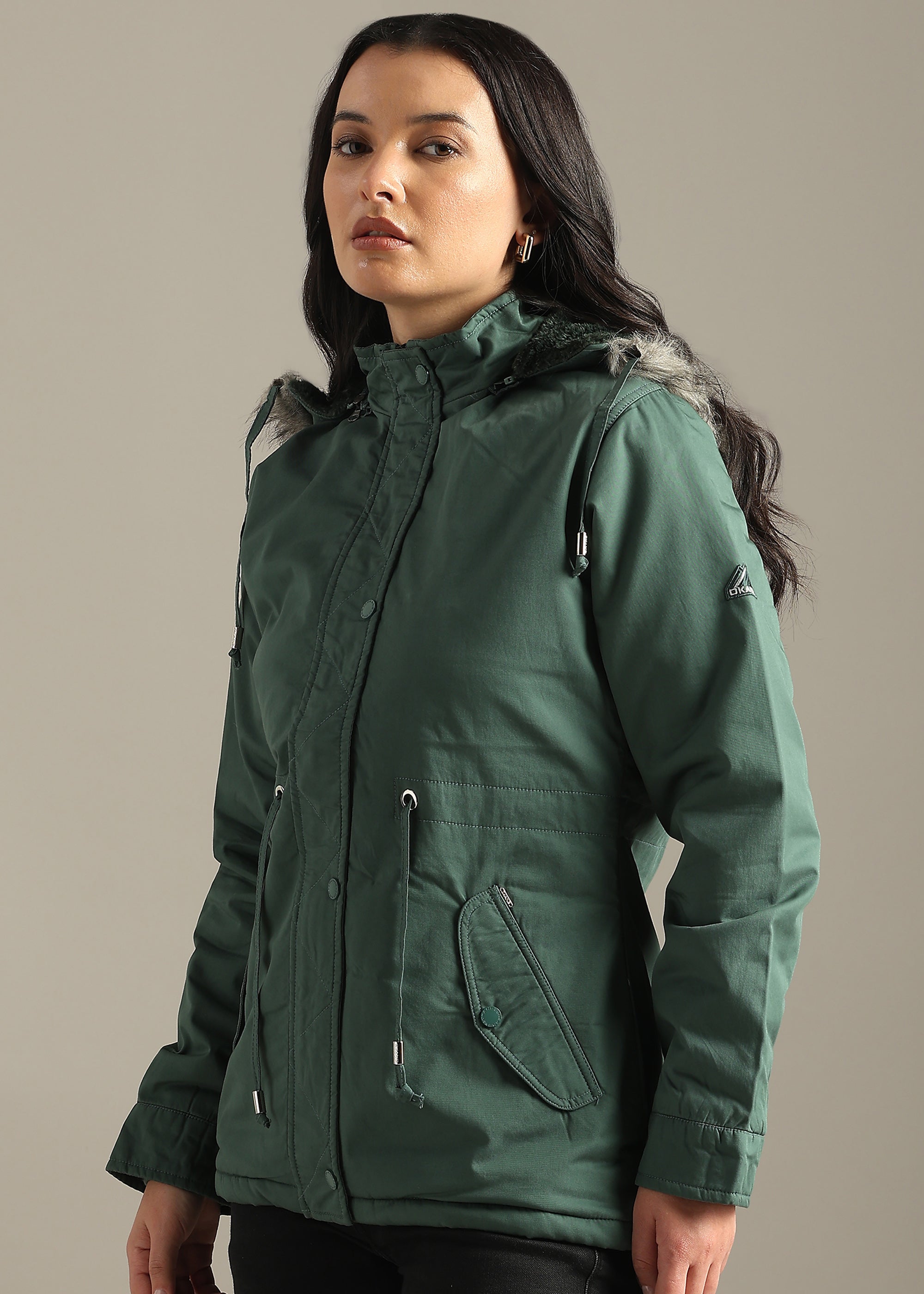 GREEN SOLID COTTON UTILITY FUR BACK FULL SLEEVE JACKET