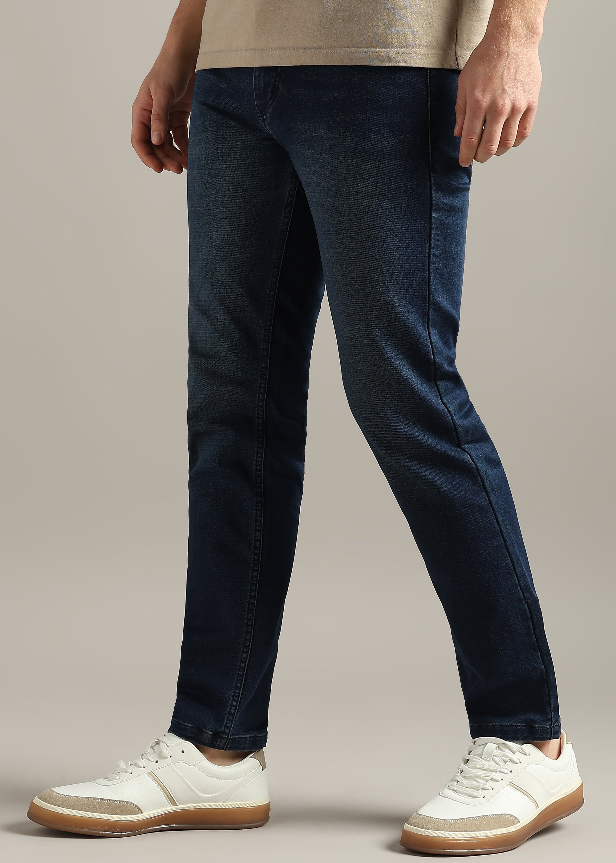 Navy Straight Fit Mid Rise Light Fade Jeans