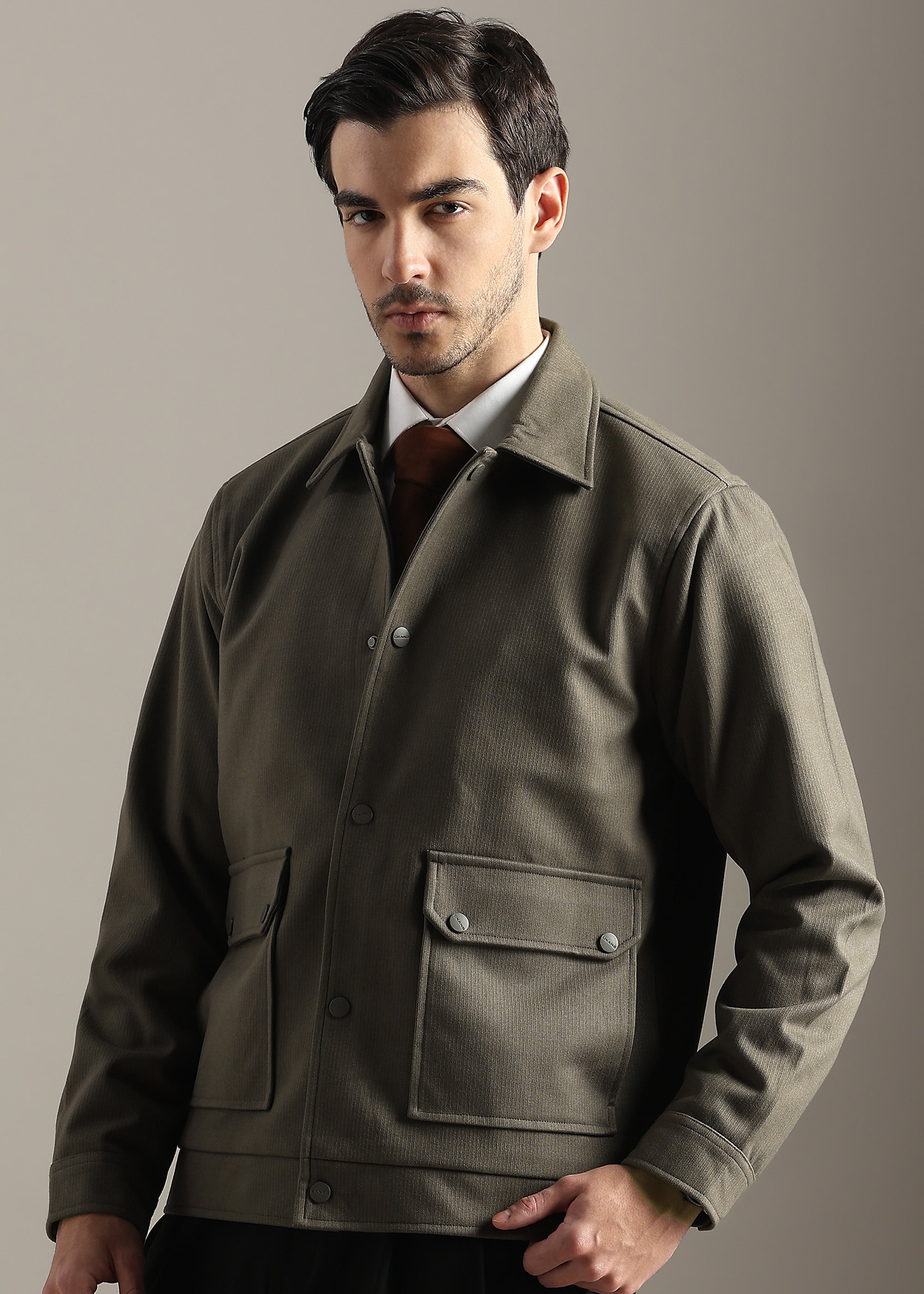 OLIVE STRUCTURED BLOUSON FULL SLEEVE JACKET