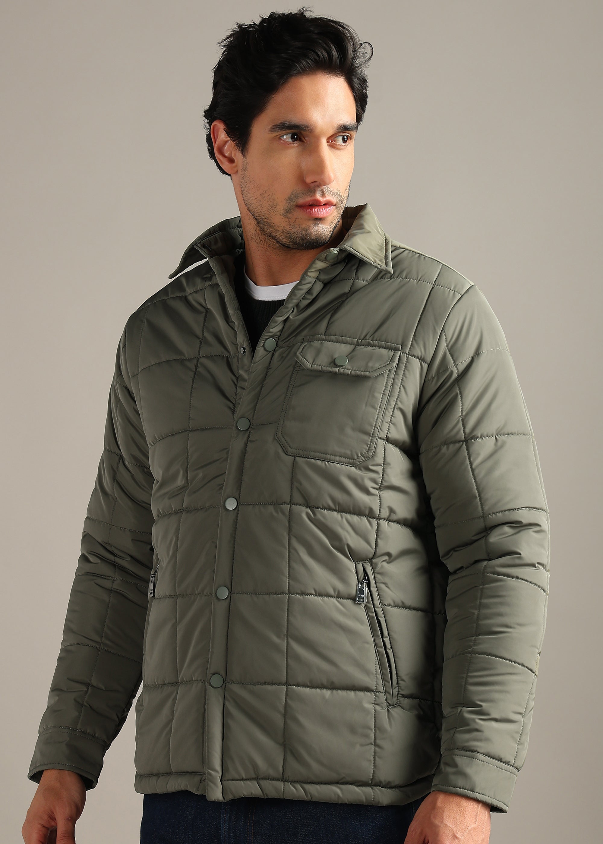 OLIVE BLOUSON QUILTED FULL SLEEVE JACKET