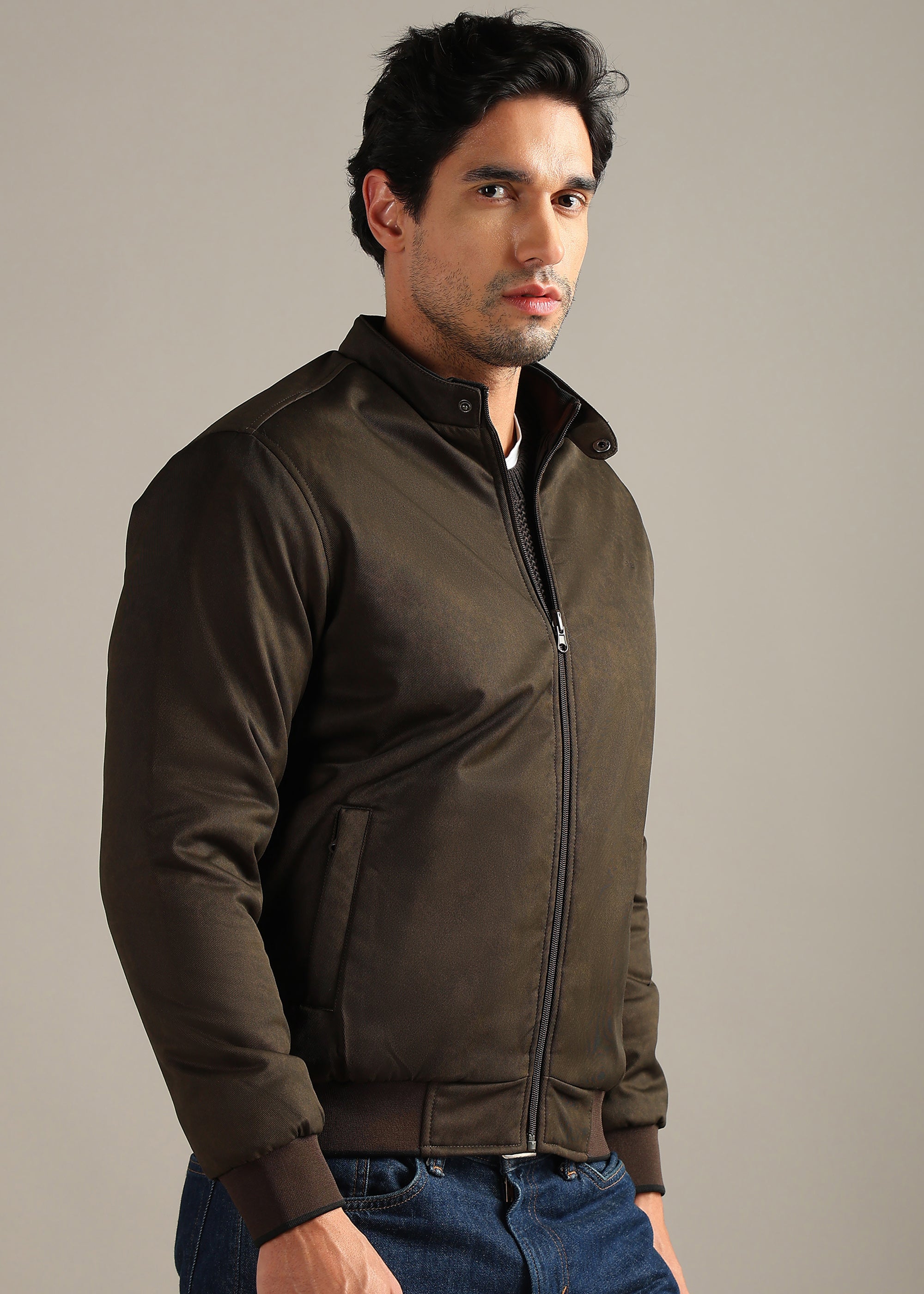 BROWN SOLID REVERSIBLE TEXTURED FULL SLEEVE JACKET