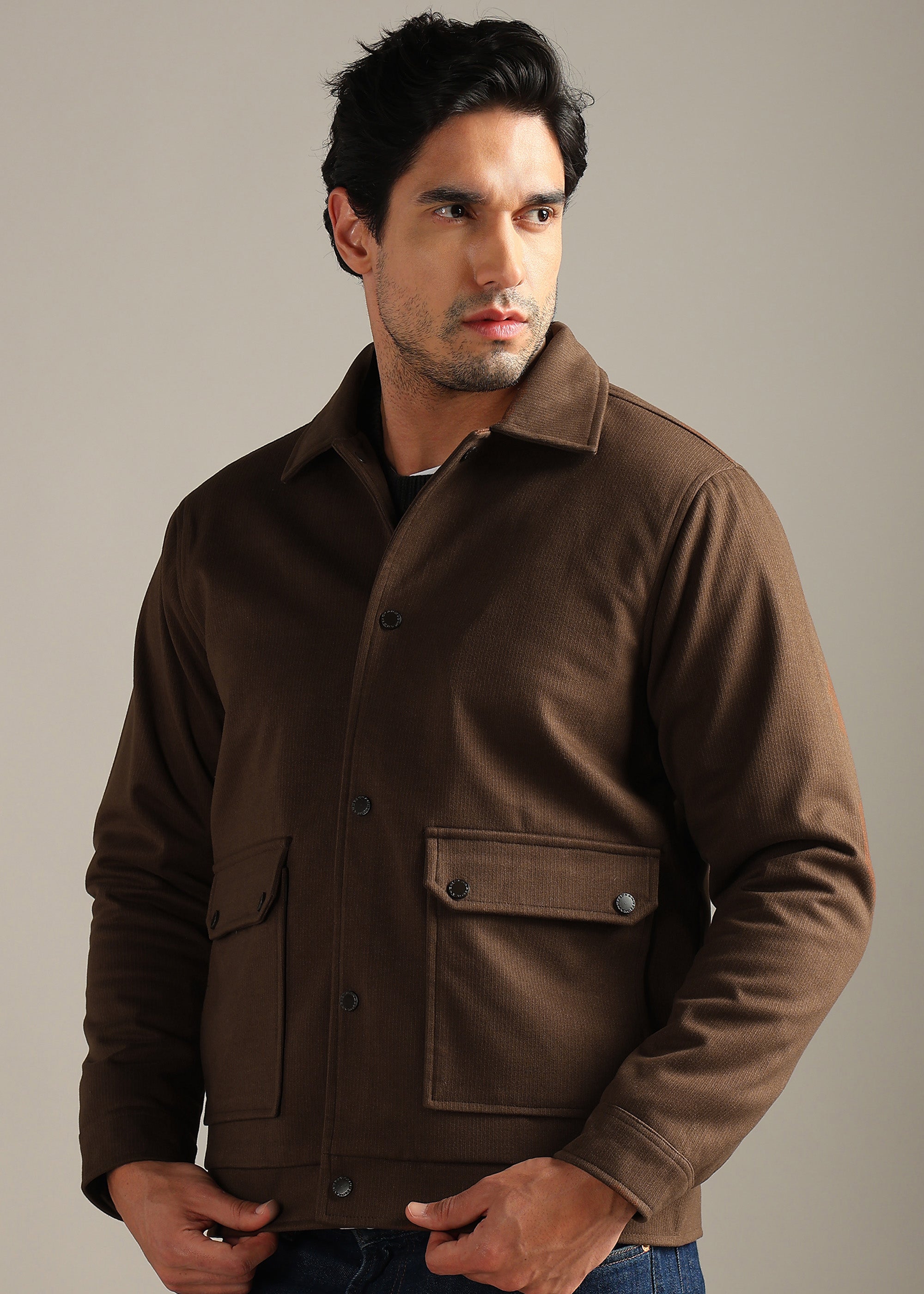 BROWN STRUCTURED BLOUSON FULL SLEEVE JACKET