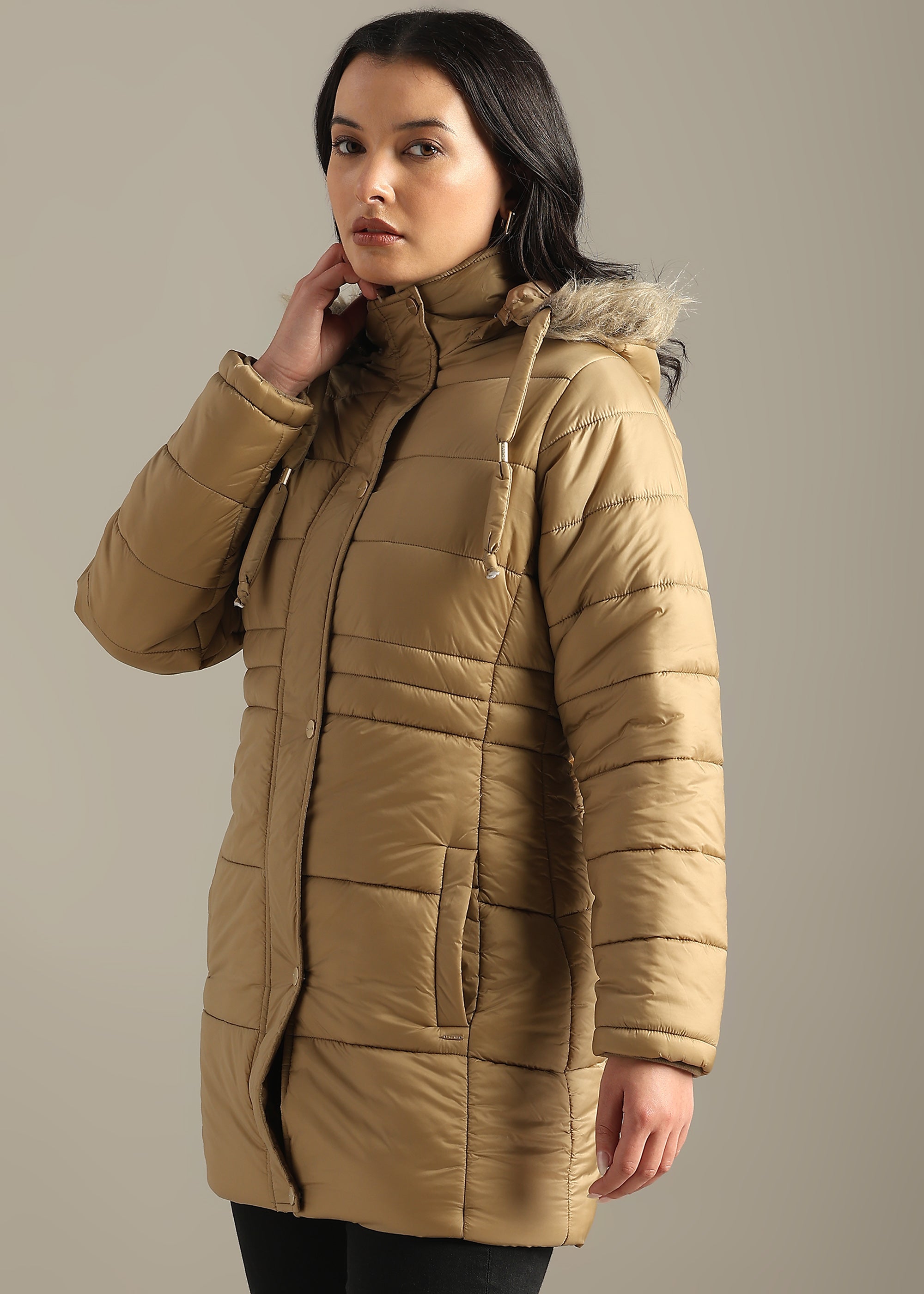 CREAM SOLID NYLON LONG SKI FULL SLEEVE JACKET