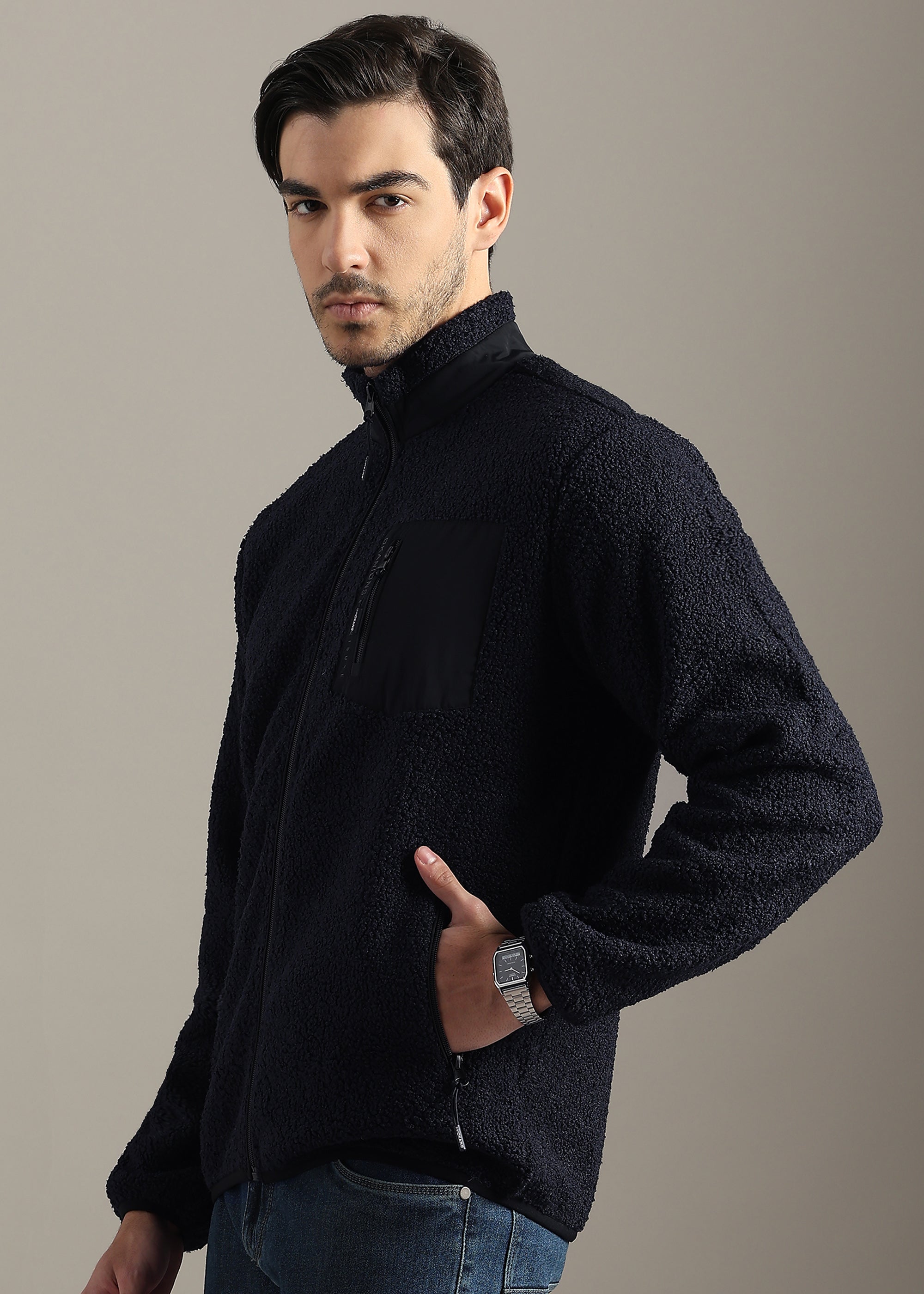 NAVY SOLID FOUX SHEARLING ZIPPER SWEAT SHIRT