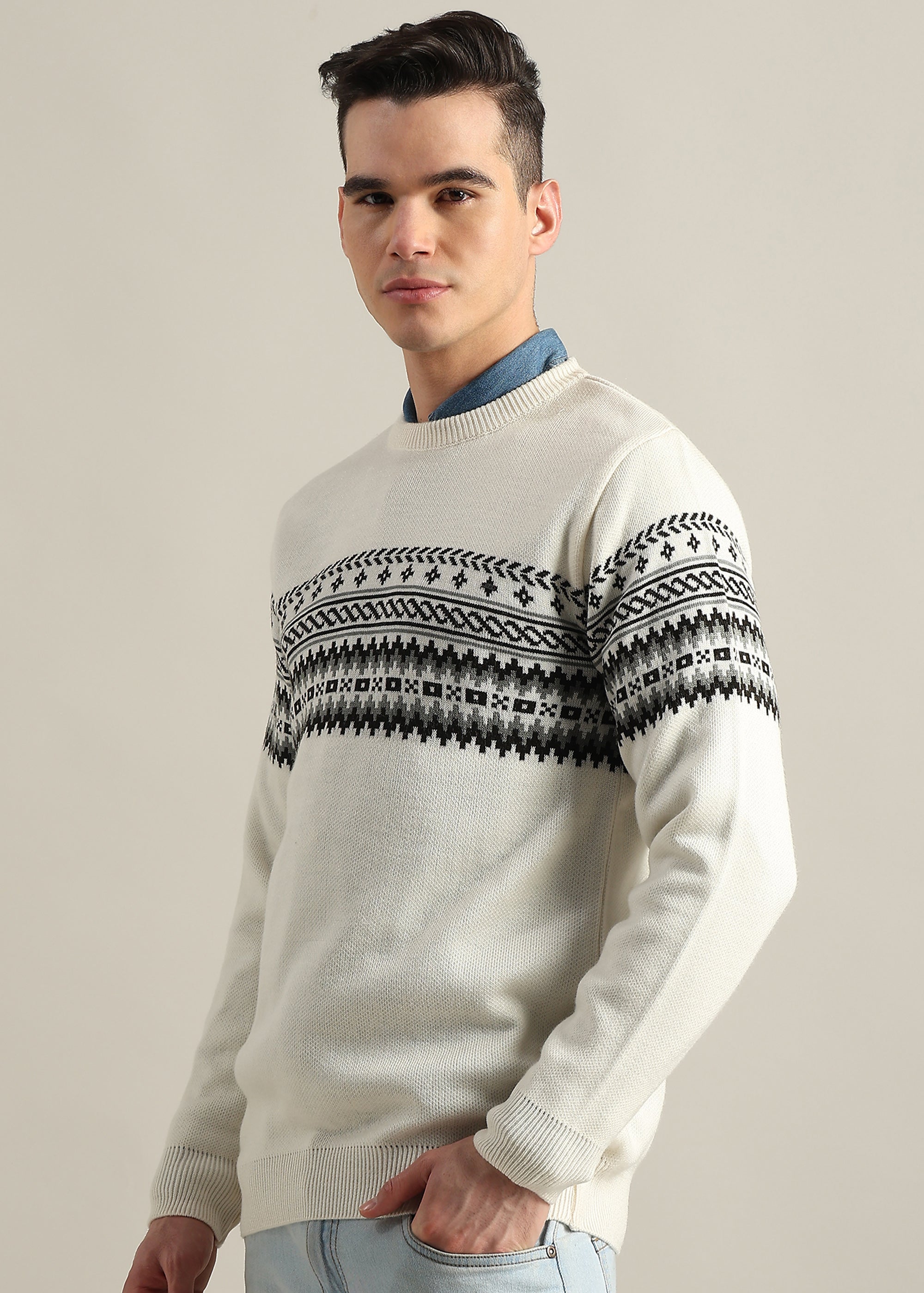 WHITE STRUCTURED CREW NECK SWEATER