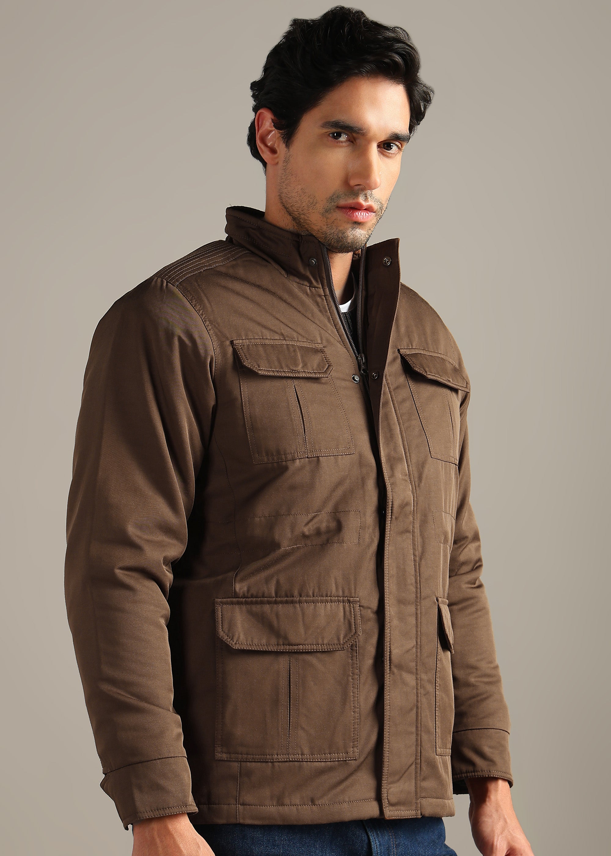 COFFEE SOLID FUR COTTON CARGO FULL SLEEVE JACKET