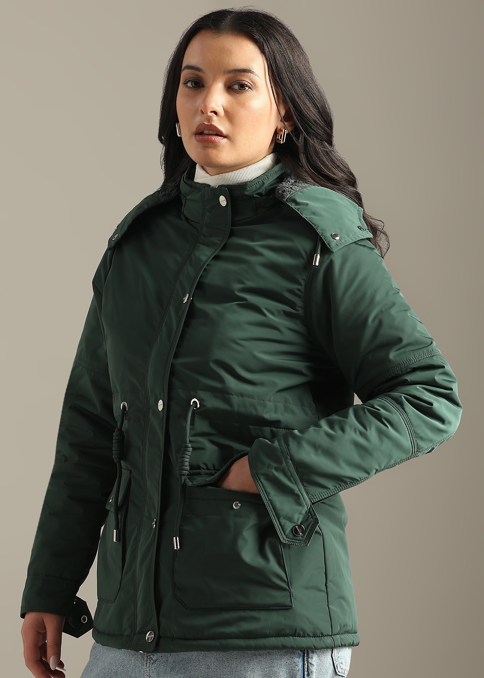 GREEN SOLID FUR PADDED PARKA FULL SLEEVE JACKET