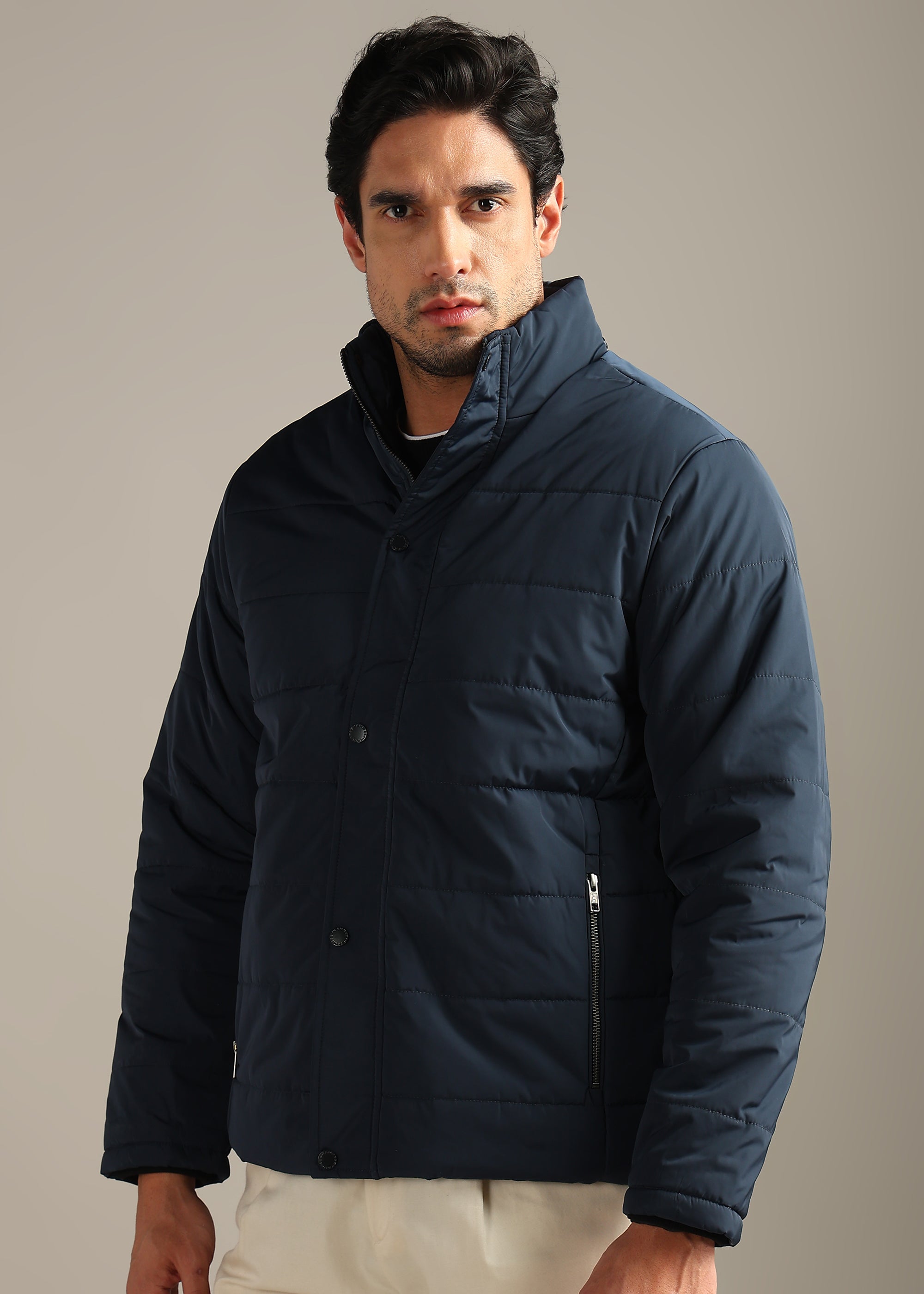 NAVY FUR PADDED HOODIE FULL SLEEVE JACKET