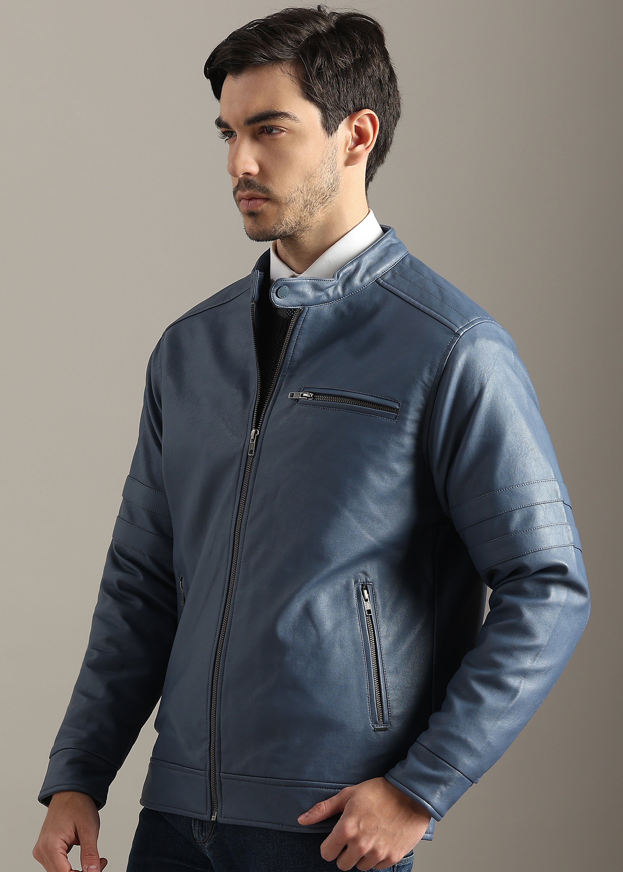 BLUE FAUX LEATHER TRIM MANDARIN COLLAR FULL SLEEVE TAILORED JACKET