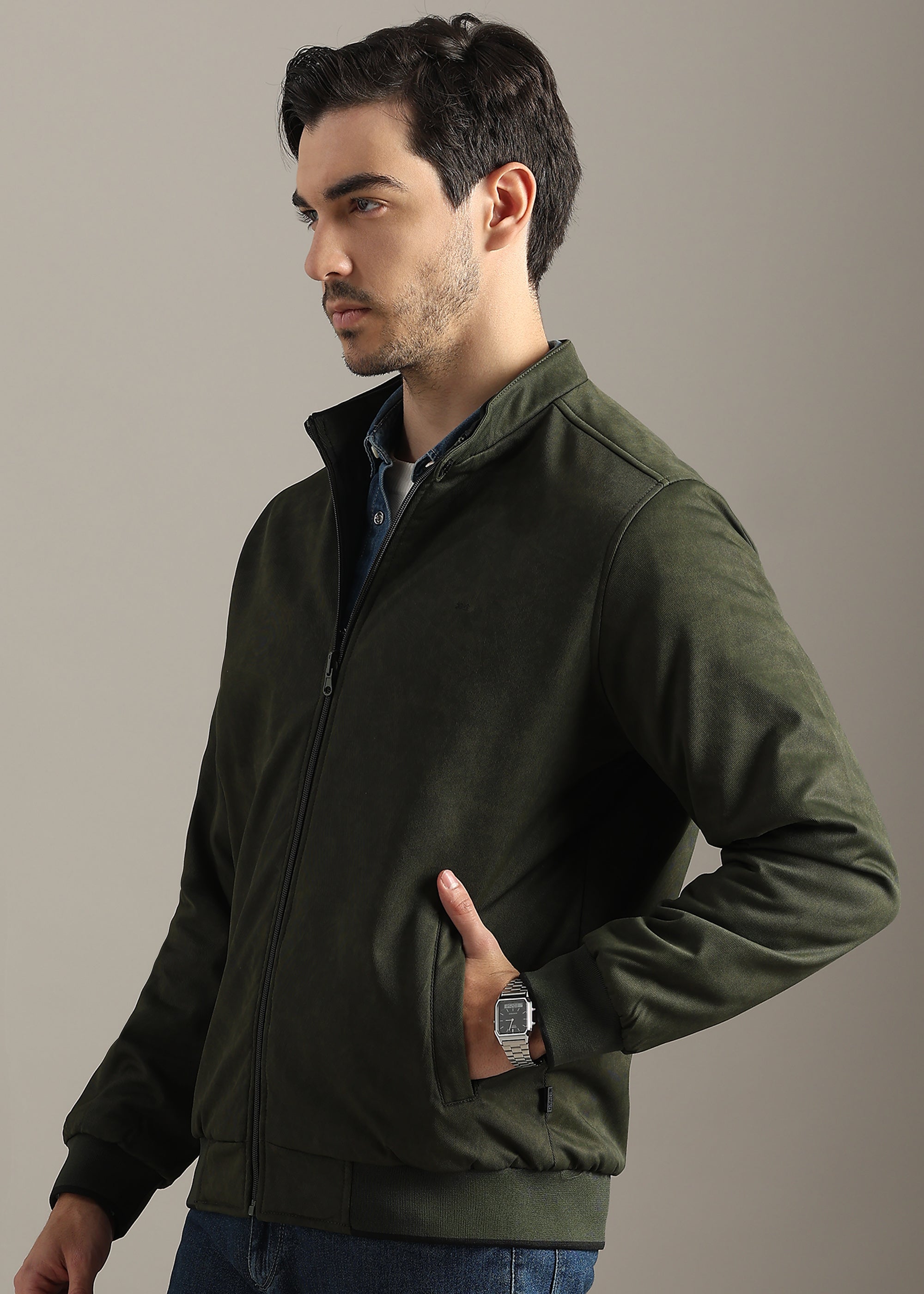 OLIVE SOLID REVERSIBLE TEXTURED FULL SLEEVE JACKET