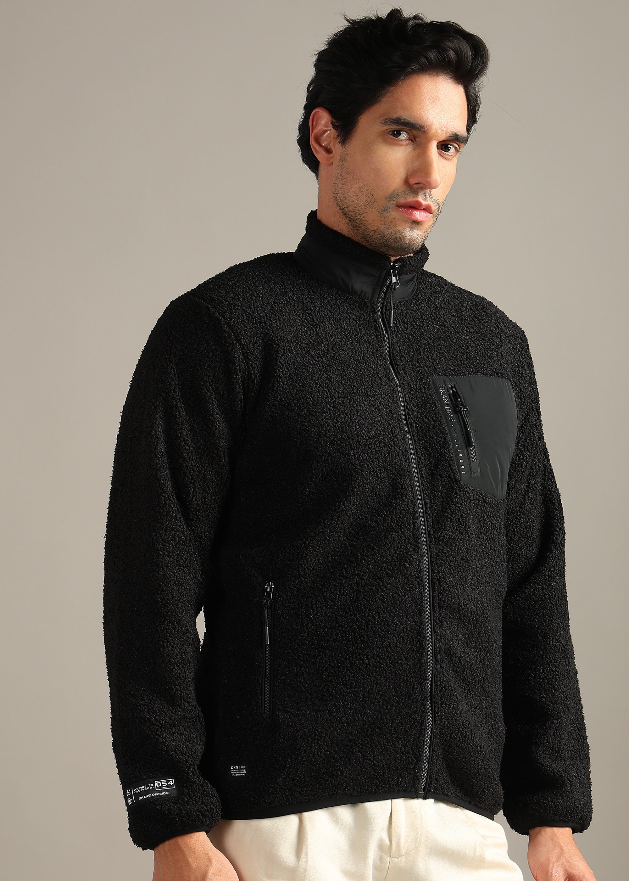 BLACK SOLID FOUX SHEARLING ZIPPER SWEAT SHIRT