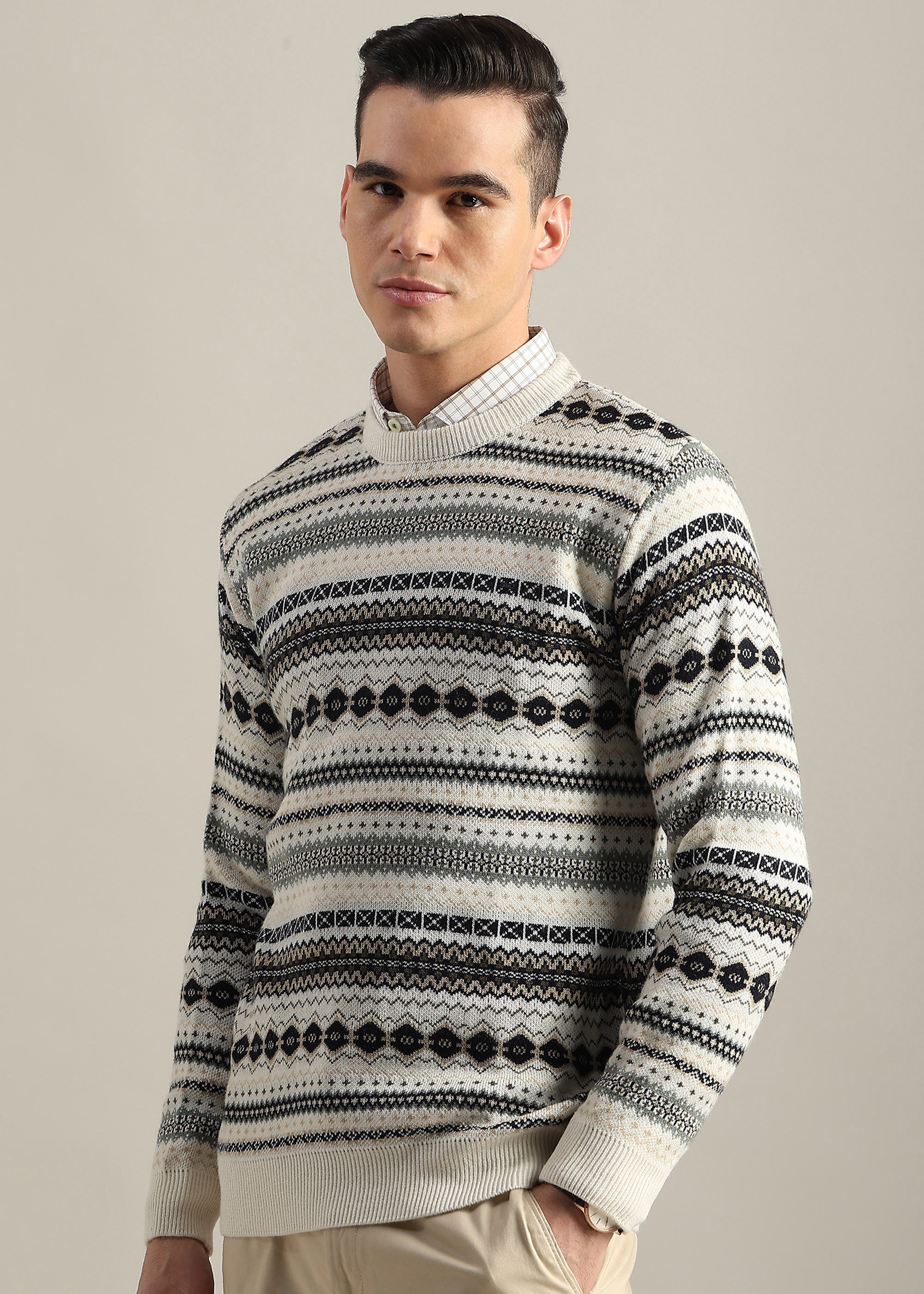 WHITE STRUCTURED CREW NECK SWEATER