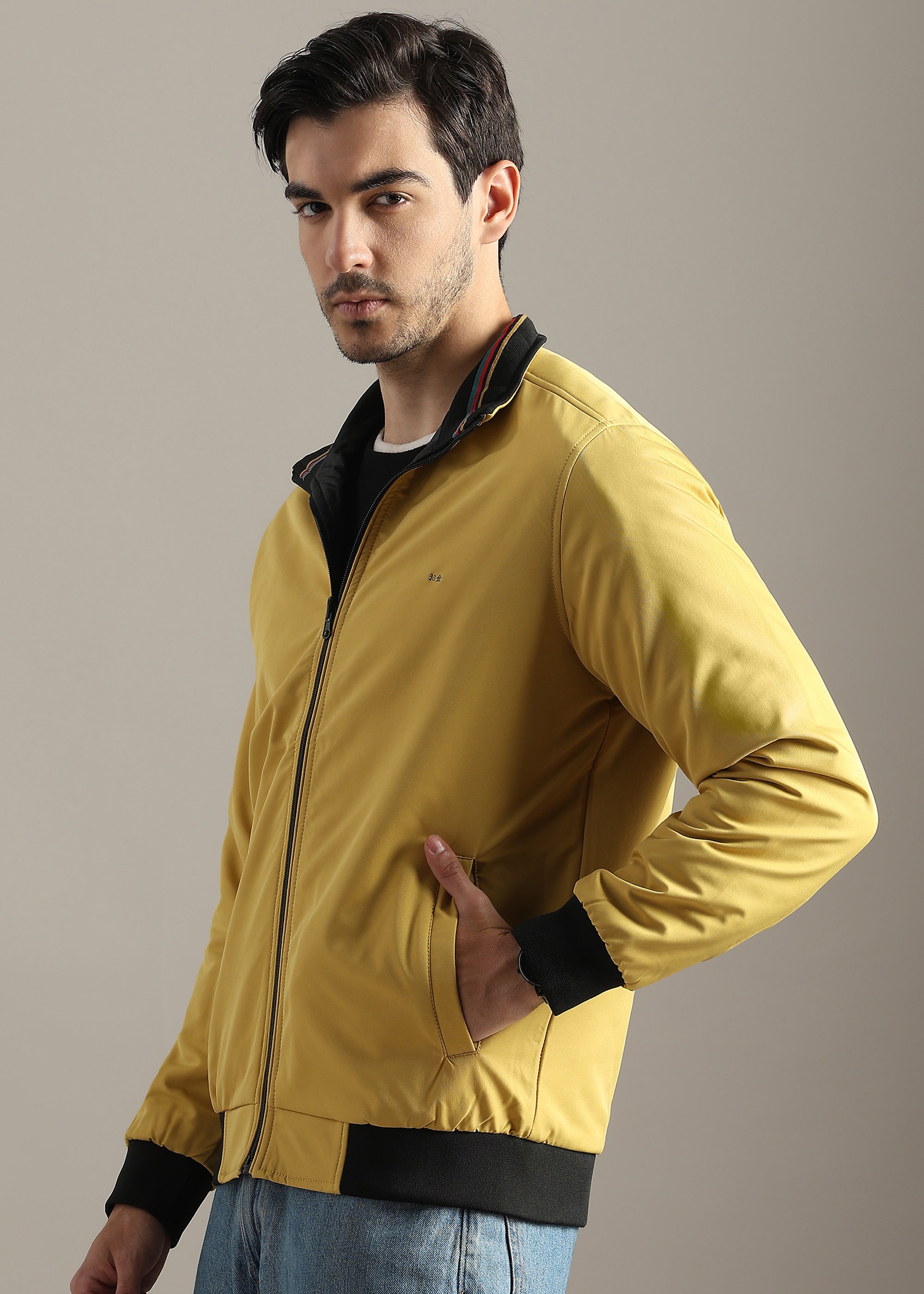 MUSTARD SOLID REVERSIBLE FAUX COTTON FULL SLEEVE JACKET
