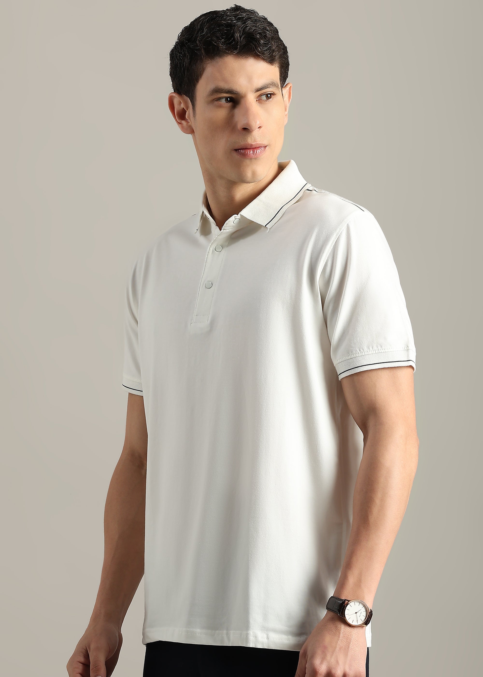 WHITE SOLID COTTON ELASTANE POLO TEE