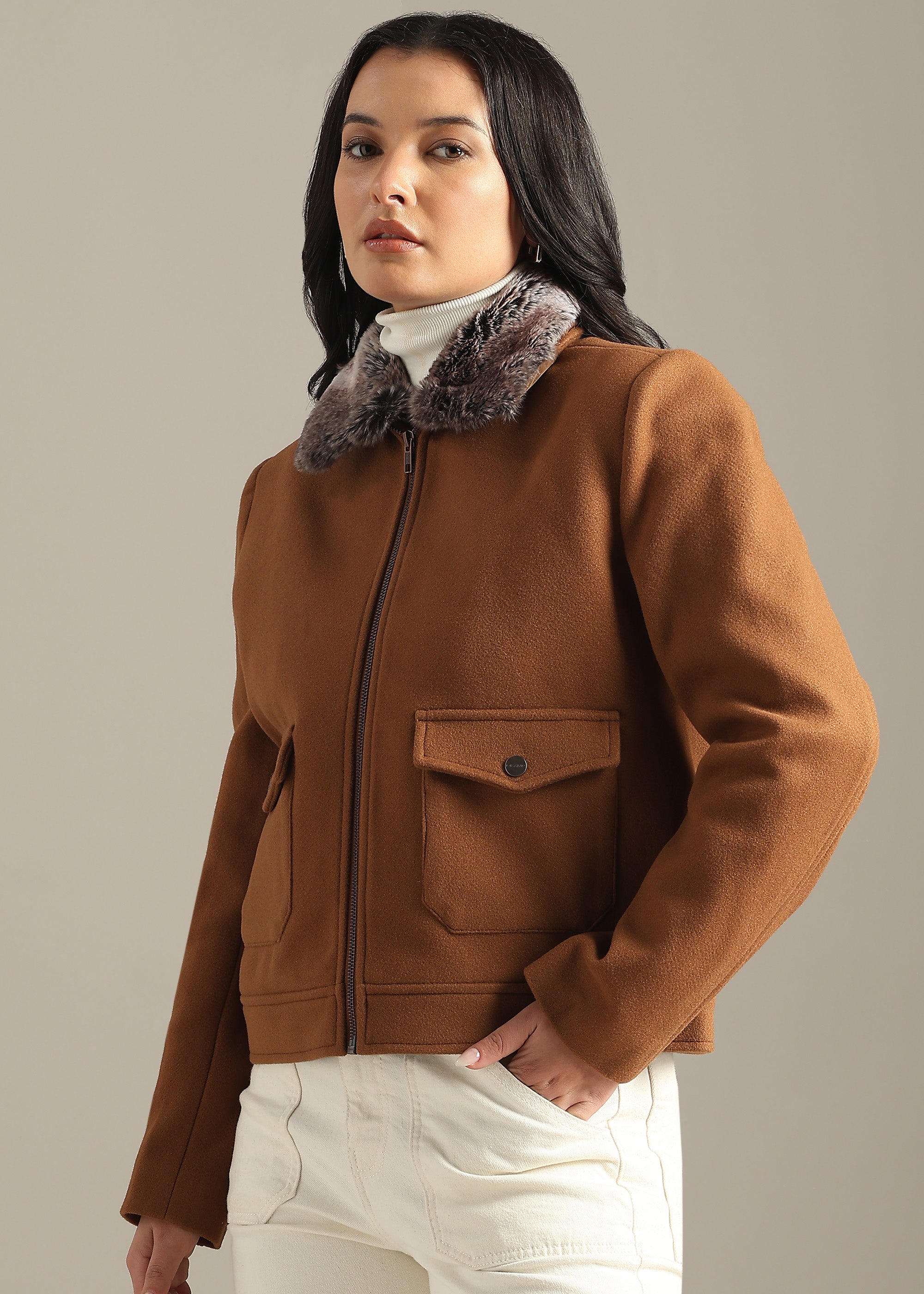 TAN DETACHABLE FUR BLOUSON COAT
