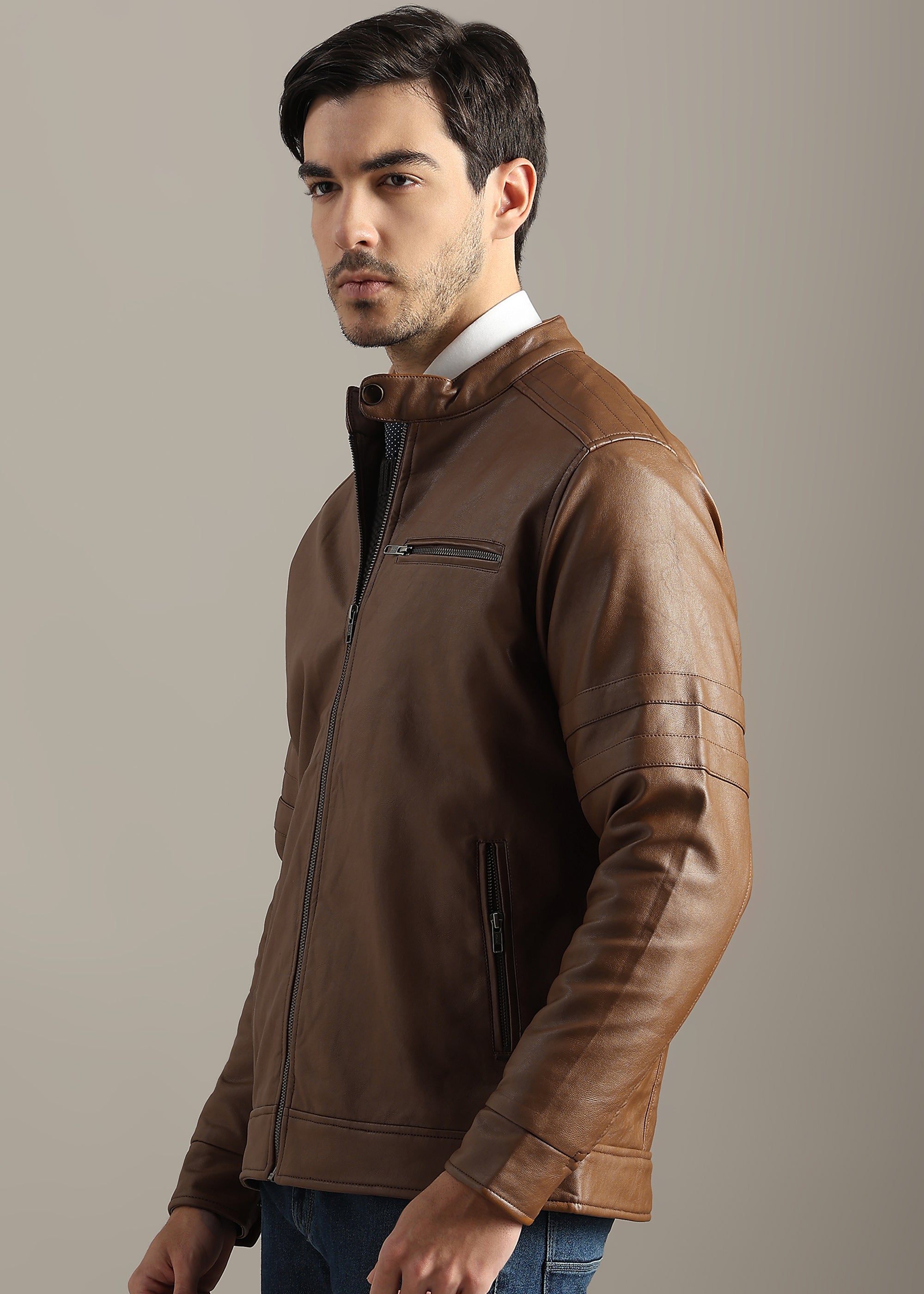 TAN FAUX LEATHER TRIM MANDARIN COLLAR FULL SLEEVE TAILORED JACKET