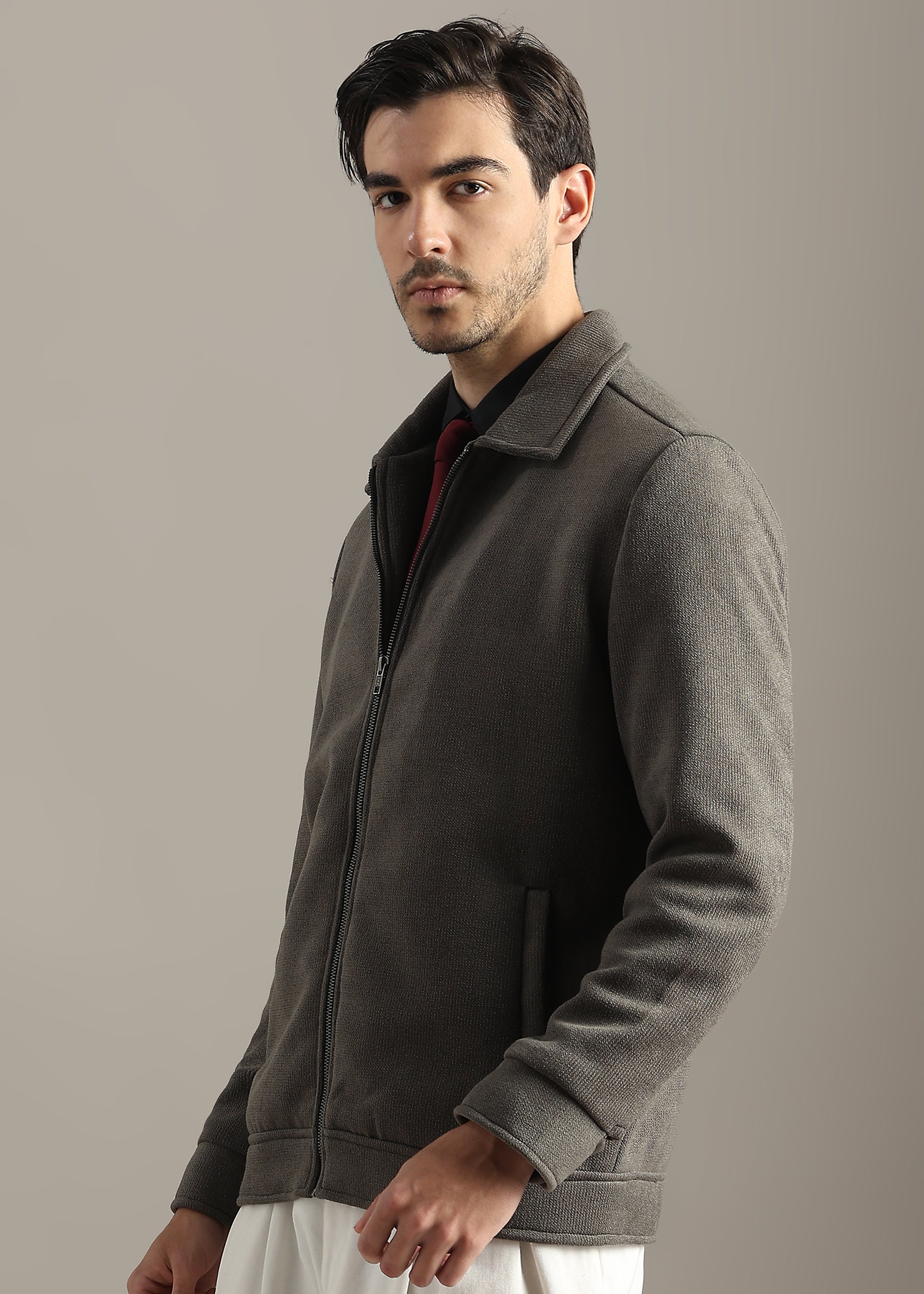 OLIVE STRUCTURED BLOUSON FULL SLEEVE JACKET