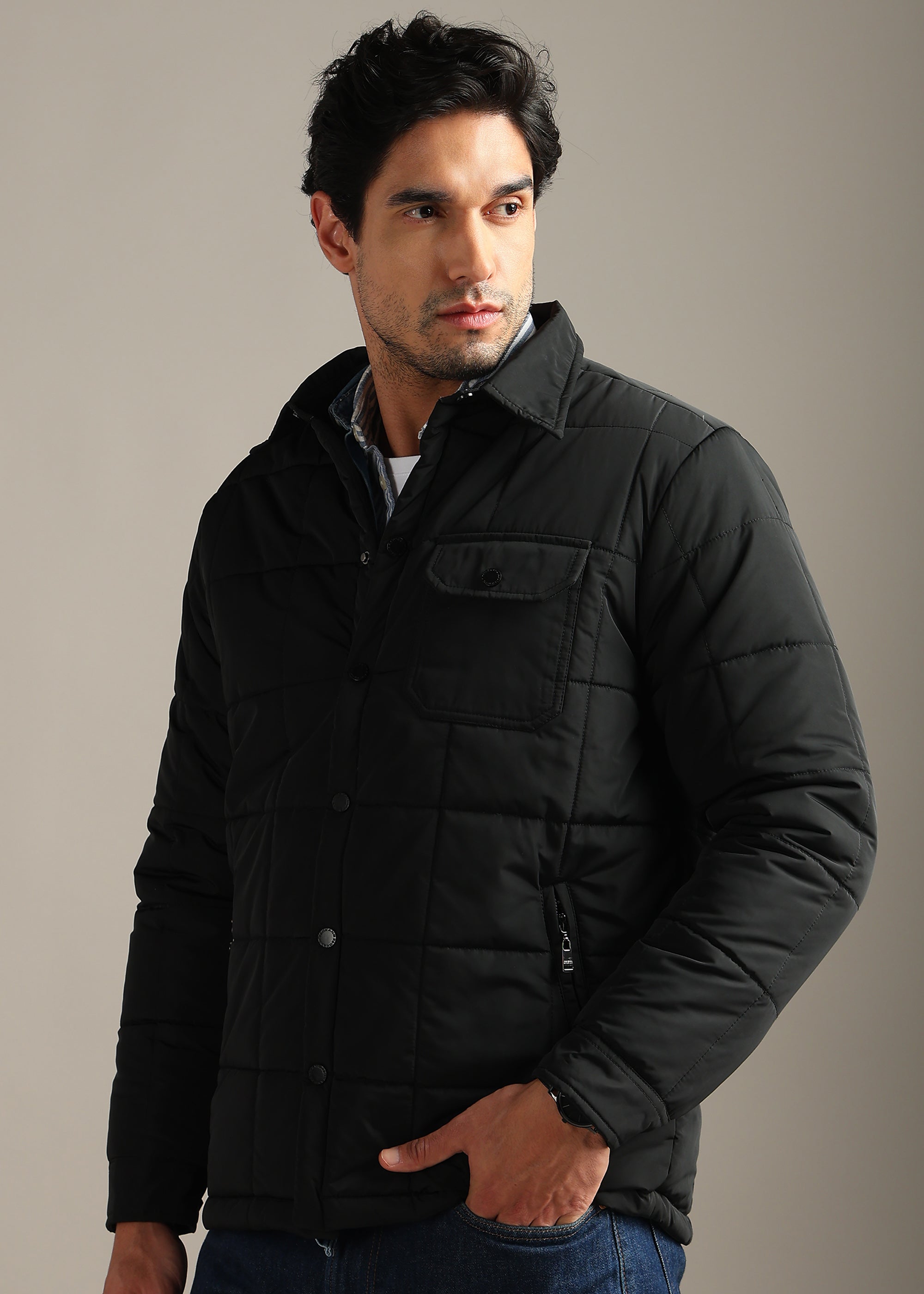 BLACK SOLID BLOUSON QUILTED FULL SLEEVE JACKET