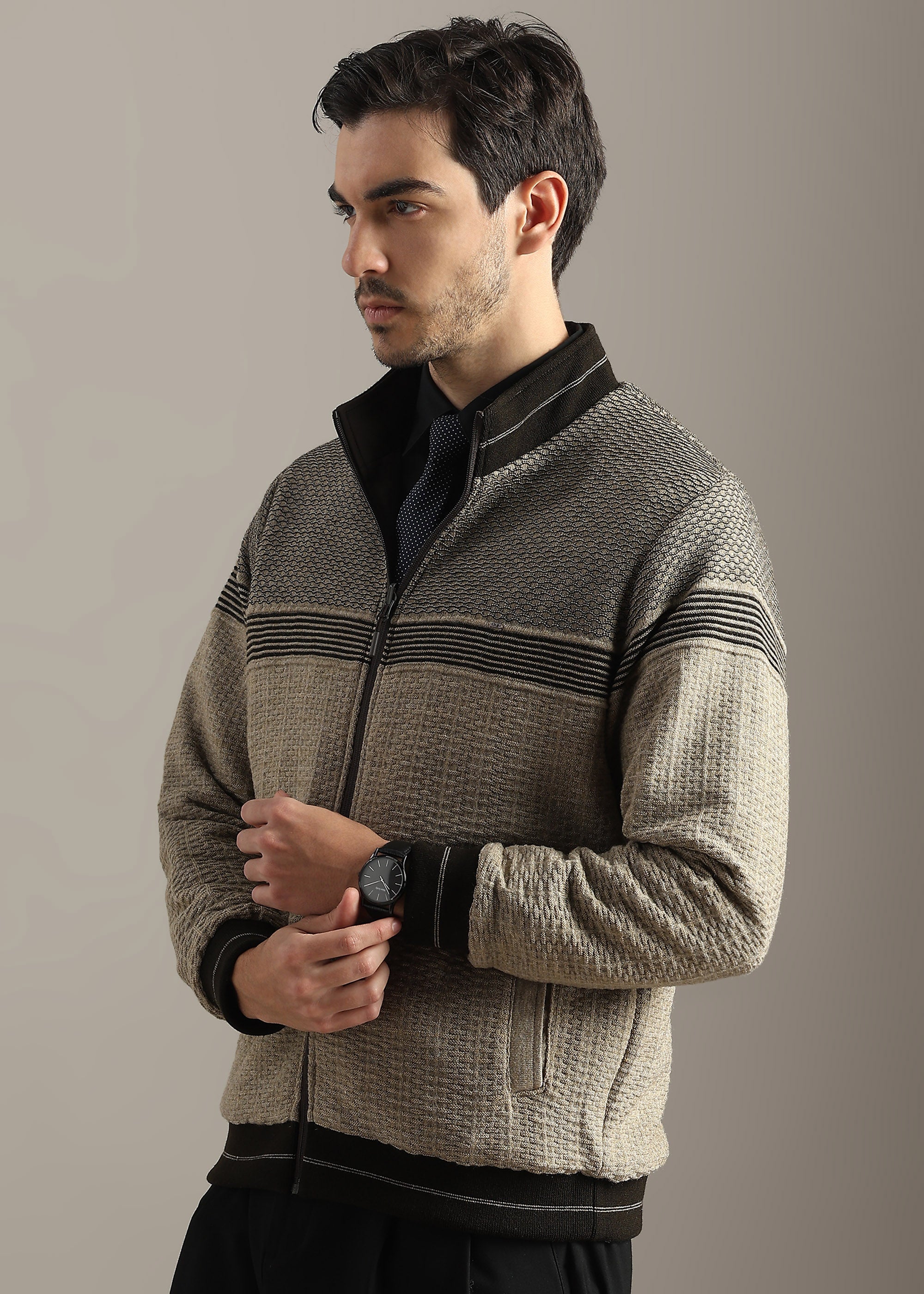 BROWN REVERSIBLE FULL SLEEVE JACKET WITH ENGINEERED SWEATER