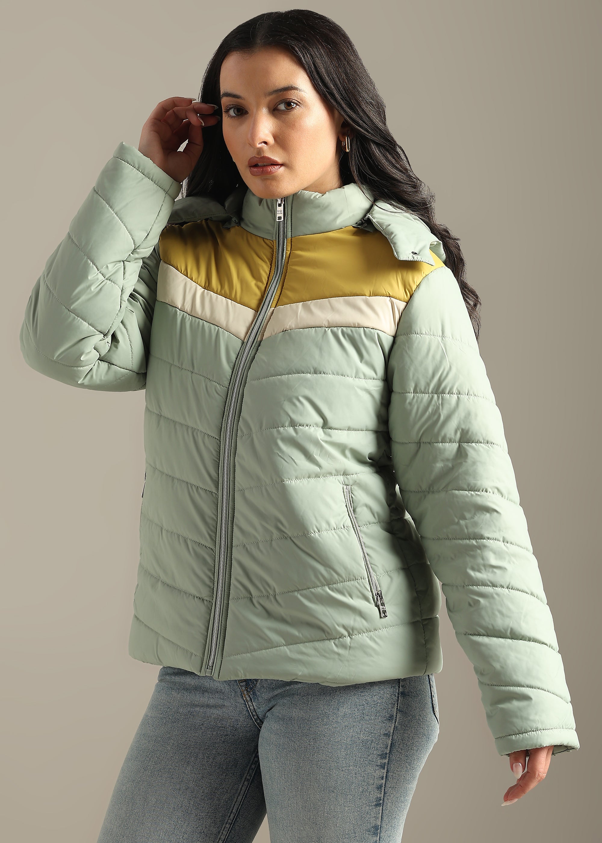 TEAL COLOUR-BLOCK PUFFER FULL SLEEVE JACKET