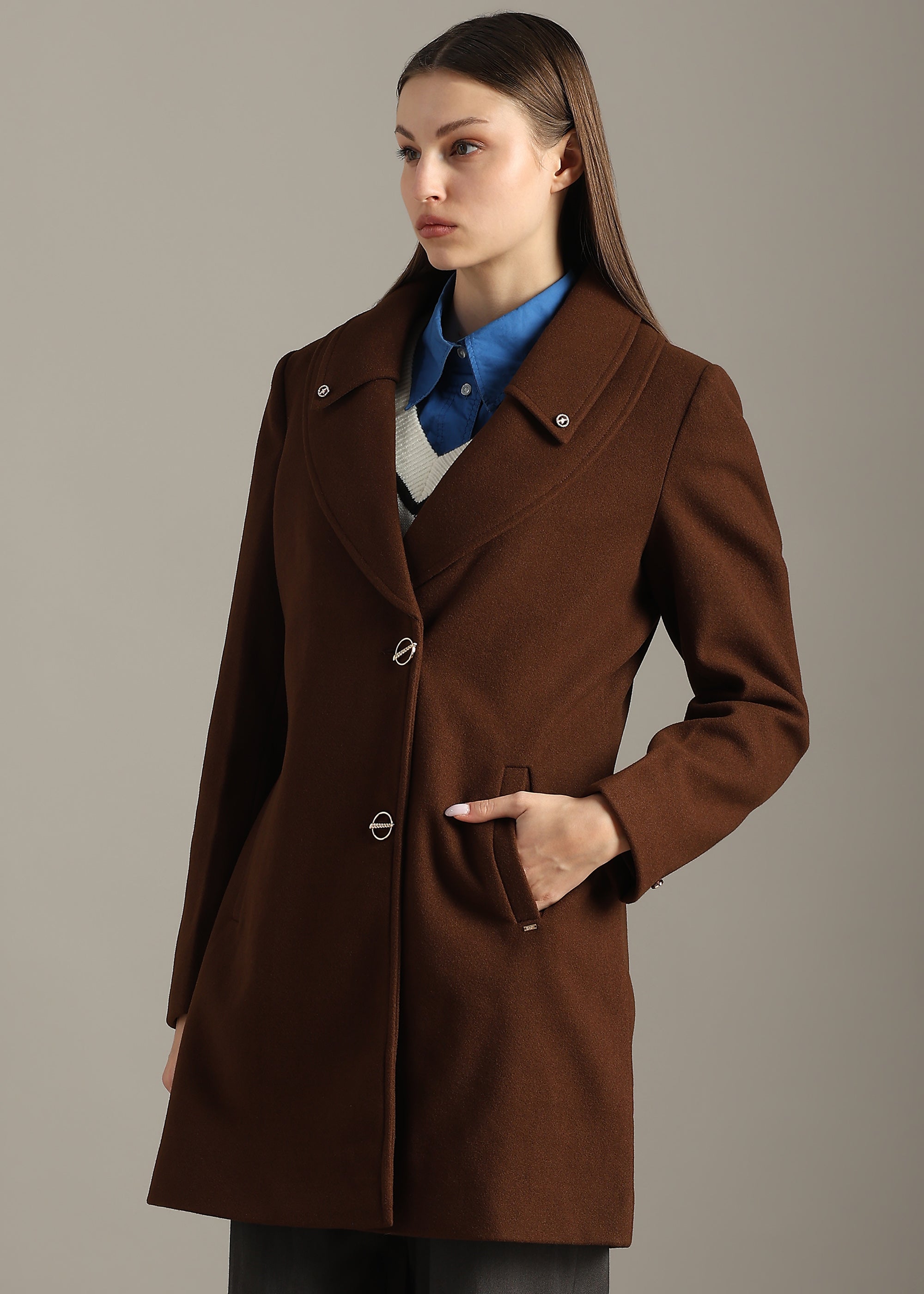 COFFEE SOLID FORMAL DOUBLE BREASTED OVER COAT