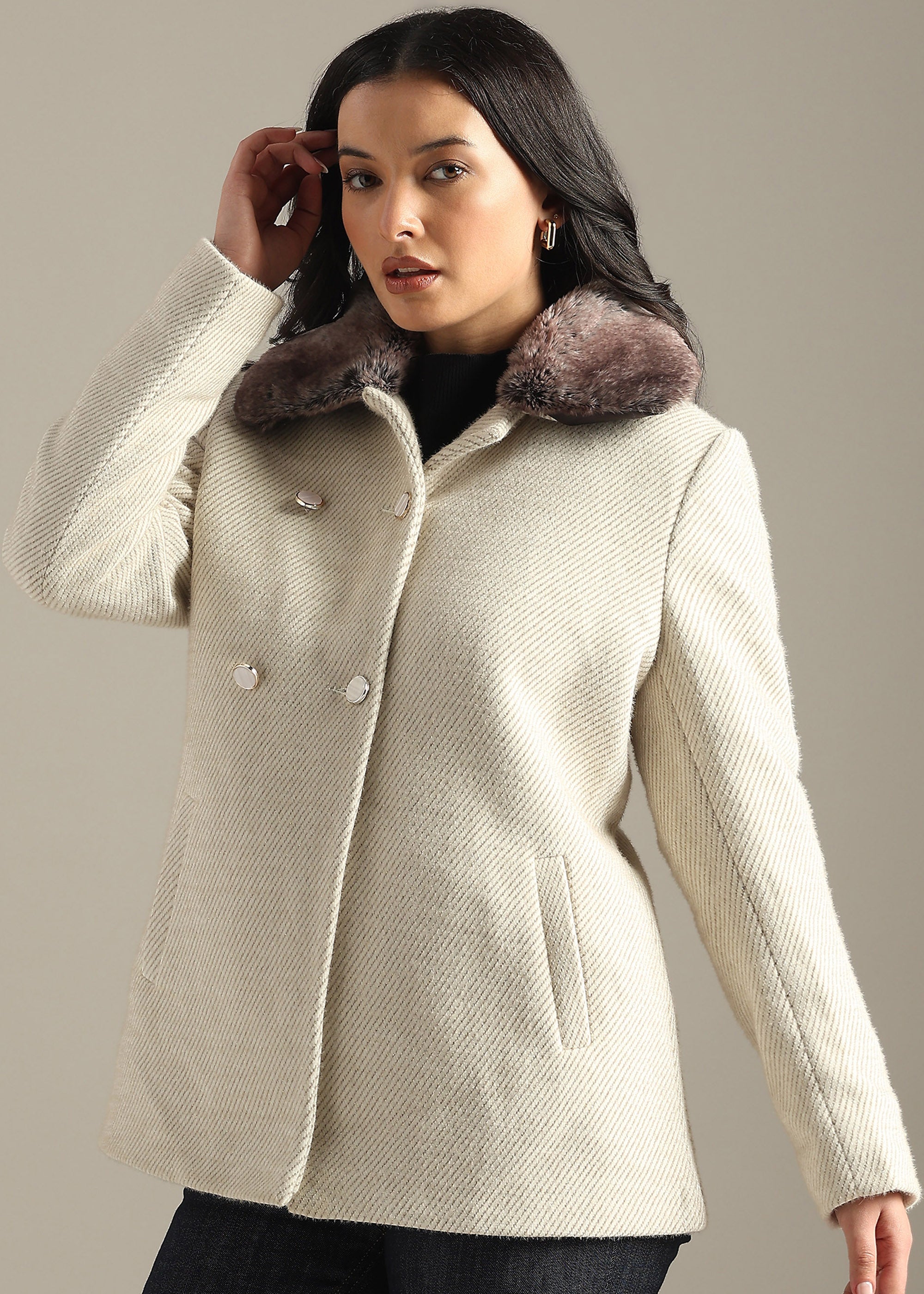 BEIGE STRUCTURED DETACHABLE FUR COLLAR COAT