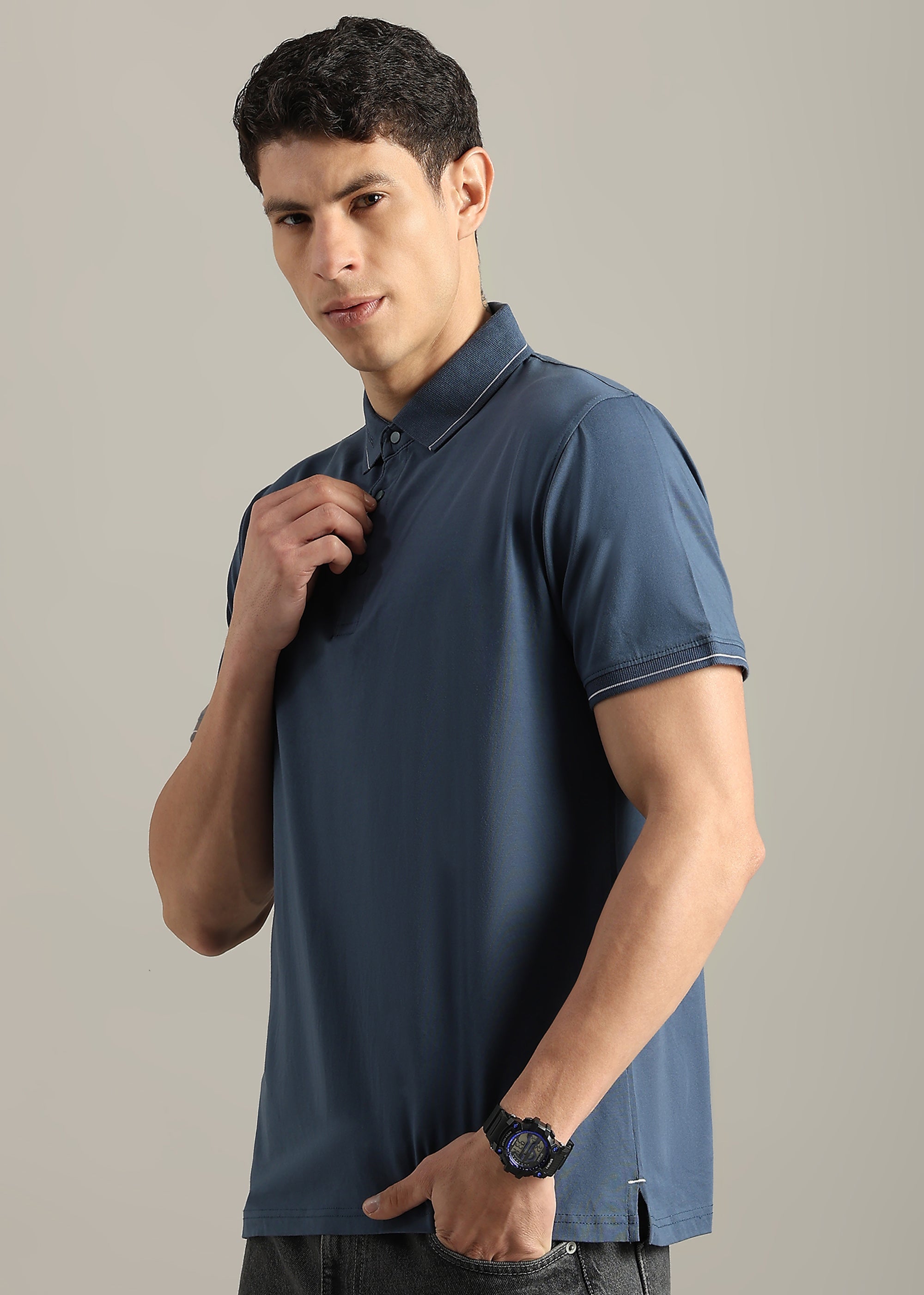 BLUE SOLID COTTON ELASTANE POLO TEE