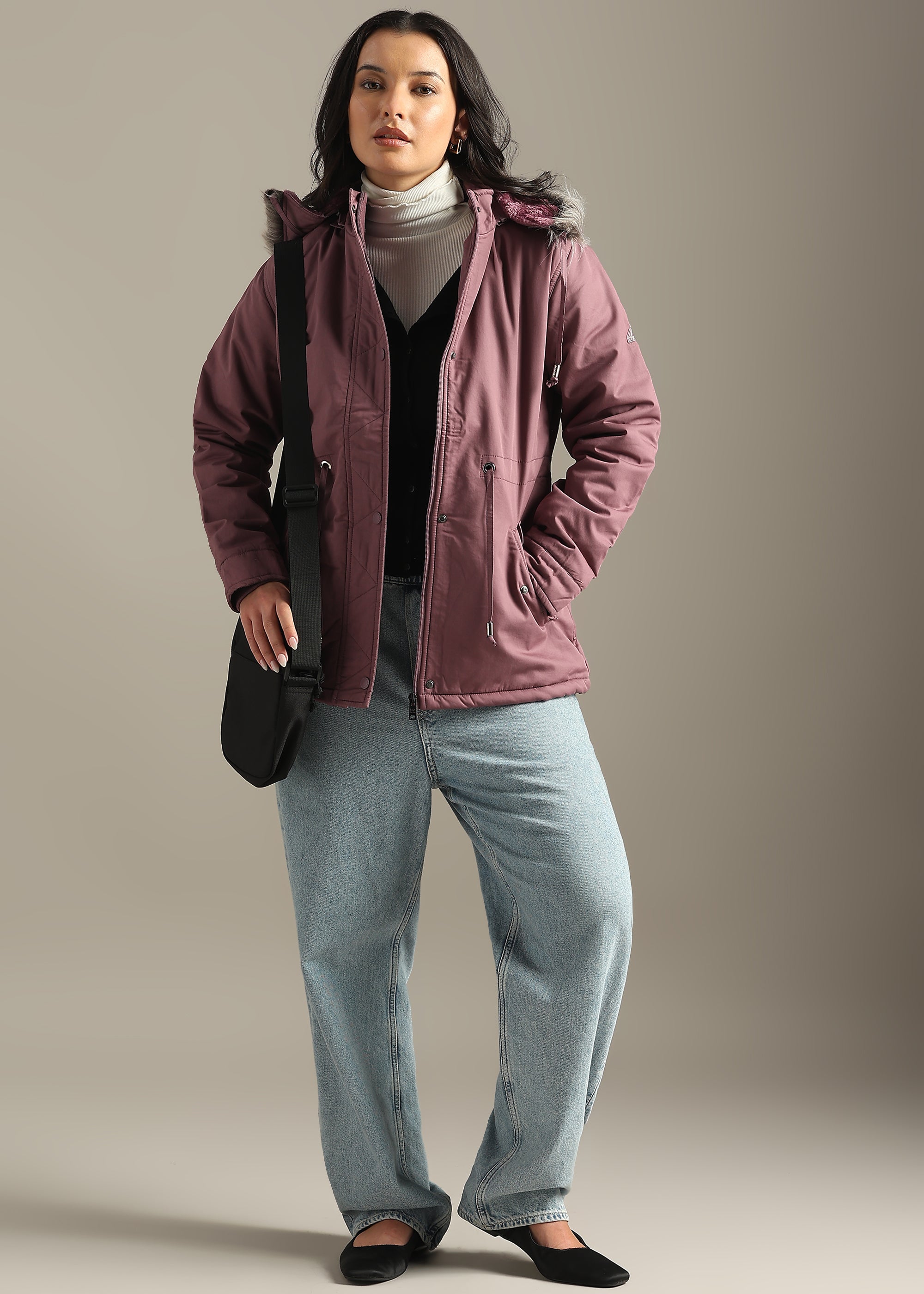 PINK SOLID COTTON UTILITY FUR BACK FULL SLEEVE JACKET