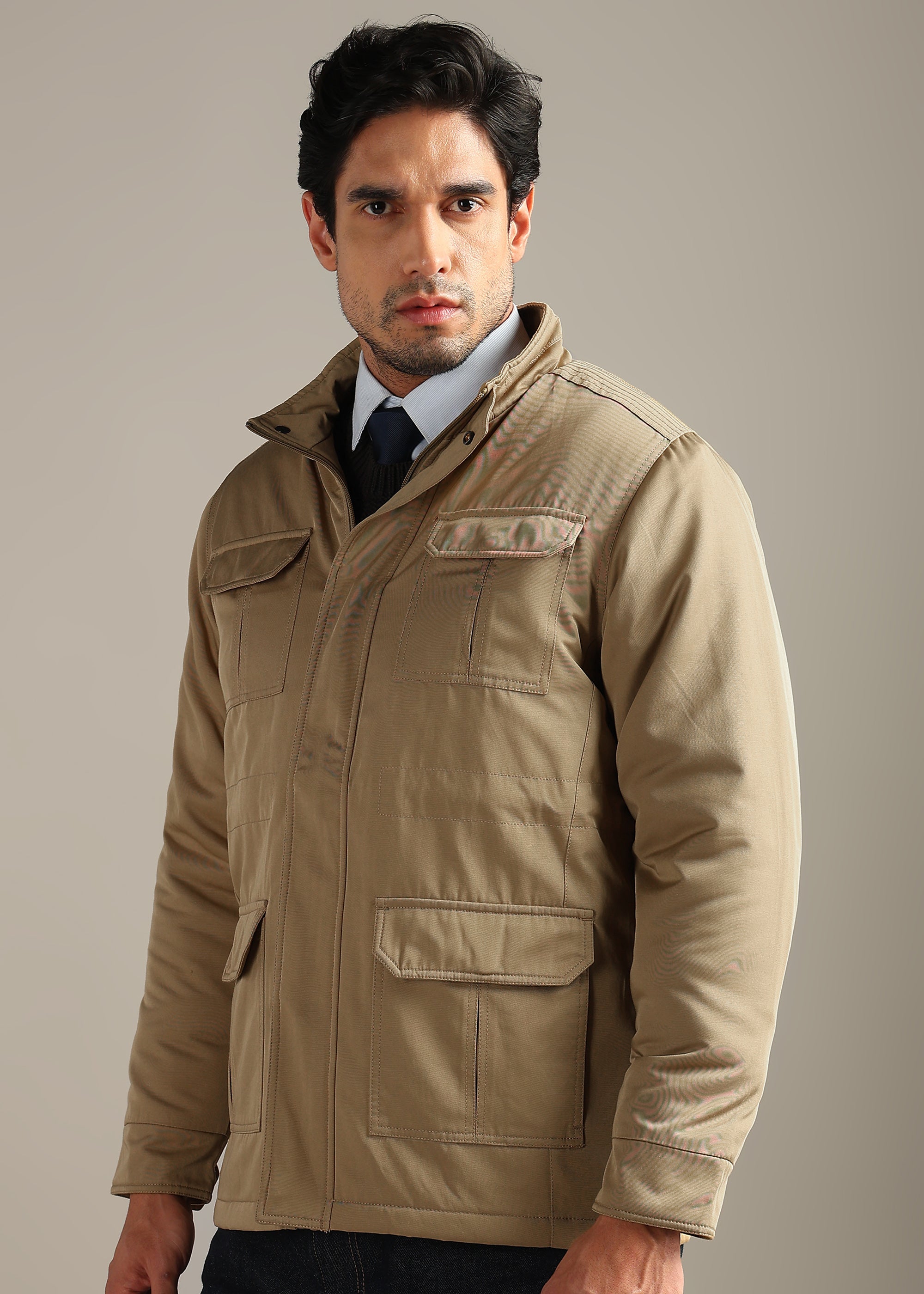 BEIGE SOLID FUR COTTON CARGO FULL SLEEVE JACKET