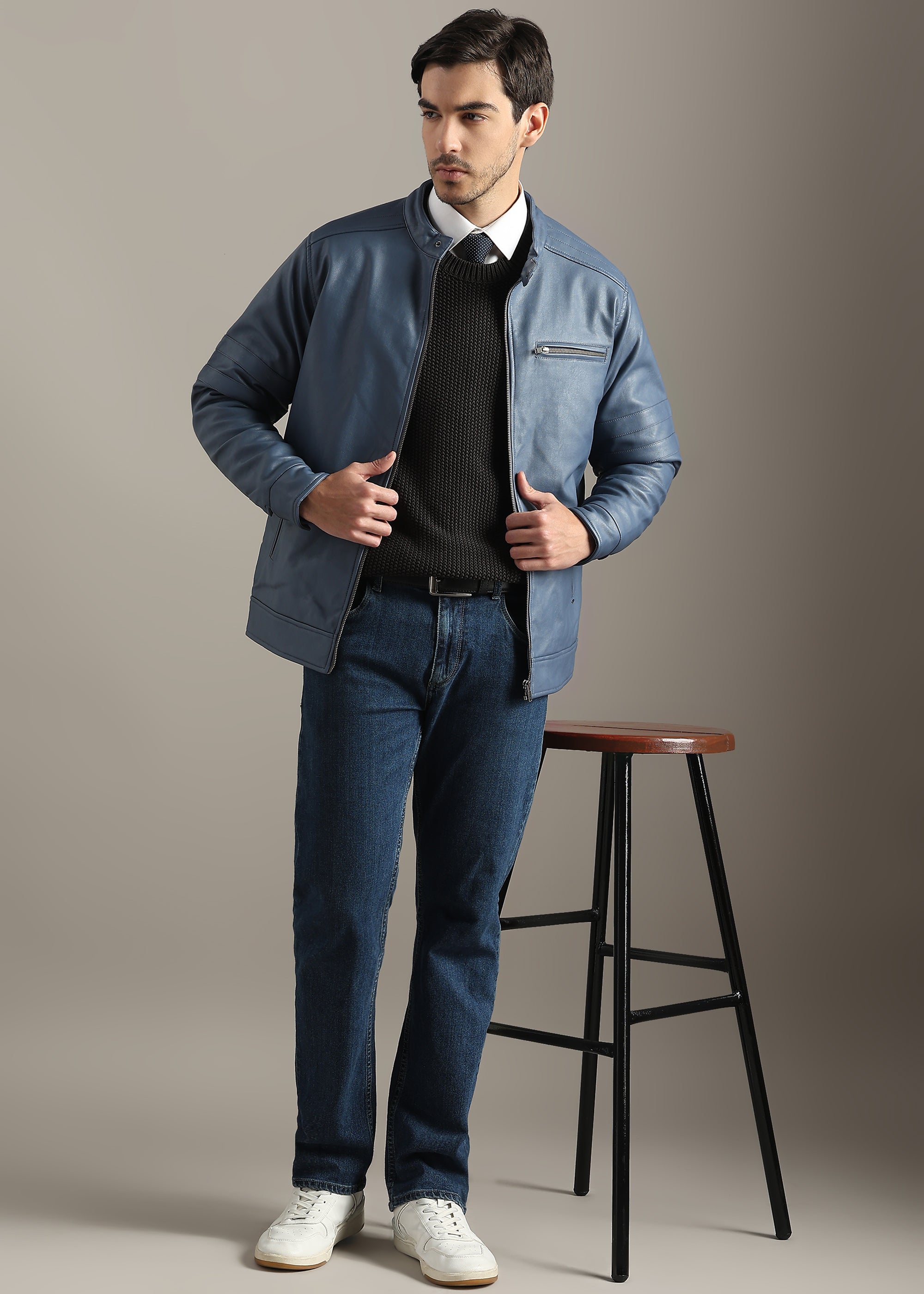 BLUE FAUX LEATHER TRIM MANDARIN COLLAR FULL SLEEVE TAILORED JACKET