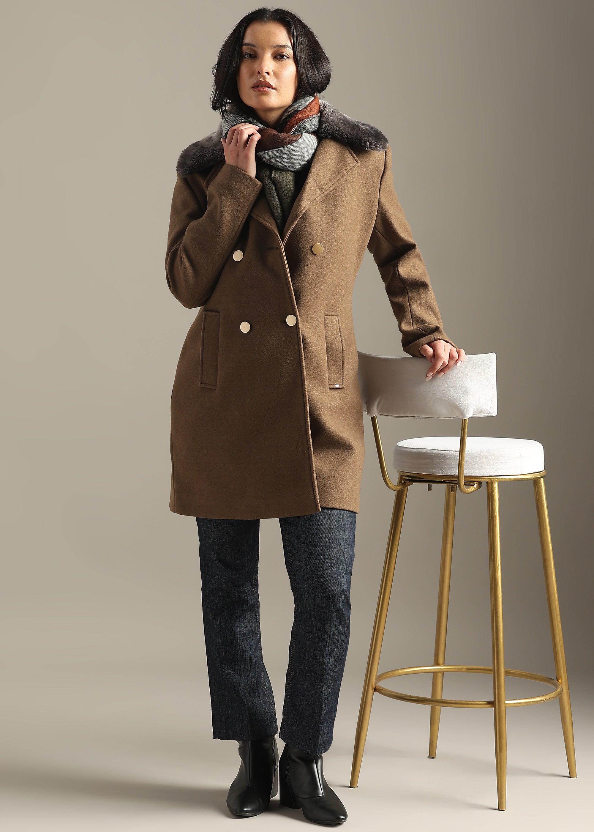 COFFEE SOLID TWEED DETACHABLE FUR COLLAR OVERCOAT