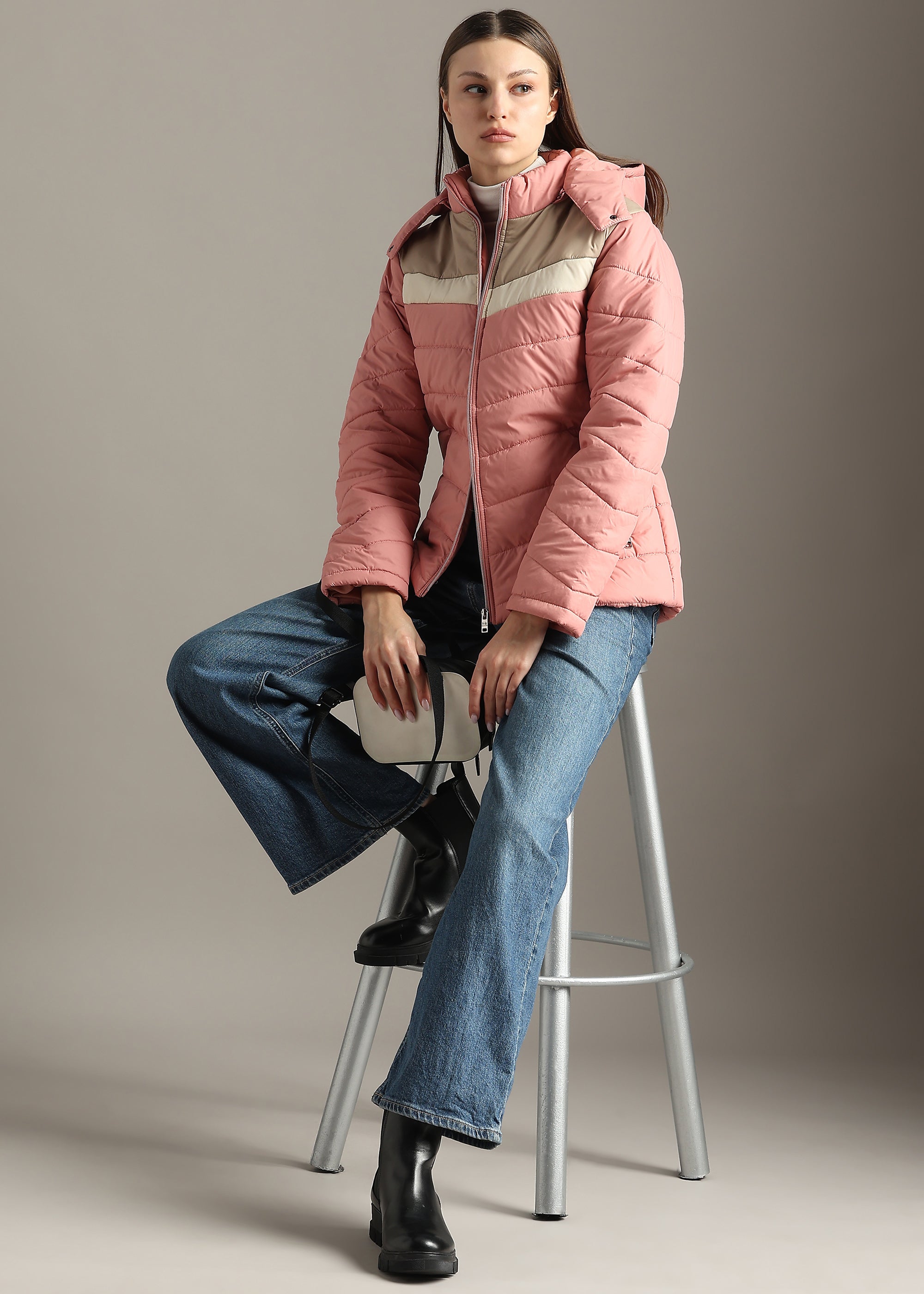 PINK COLOUR-BLOCK PUFFER FULL SLEEVE JACKET