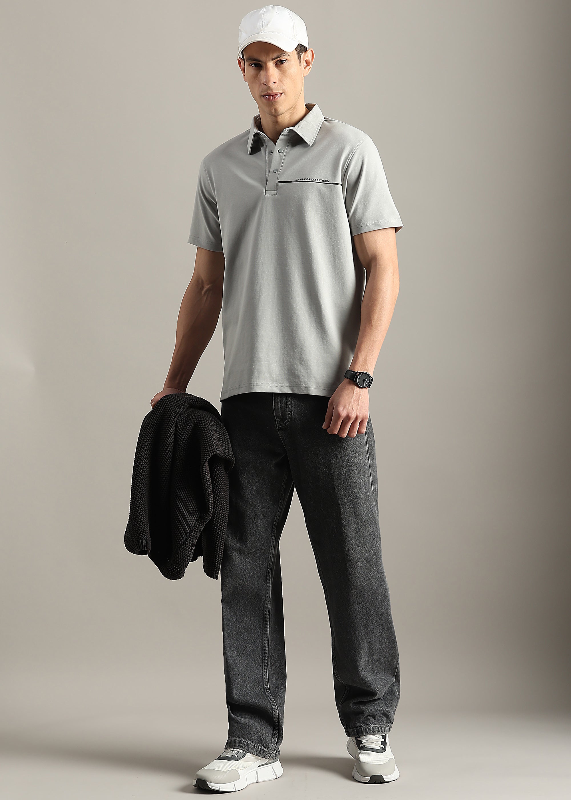 LIGHT .GREY SOLID COTTON ELASTANE POLO TEE