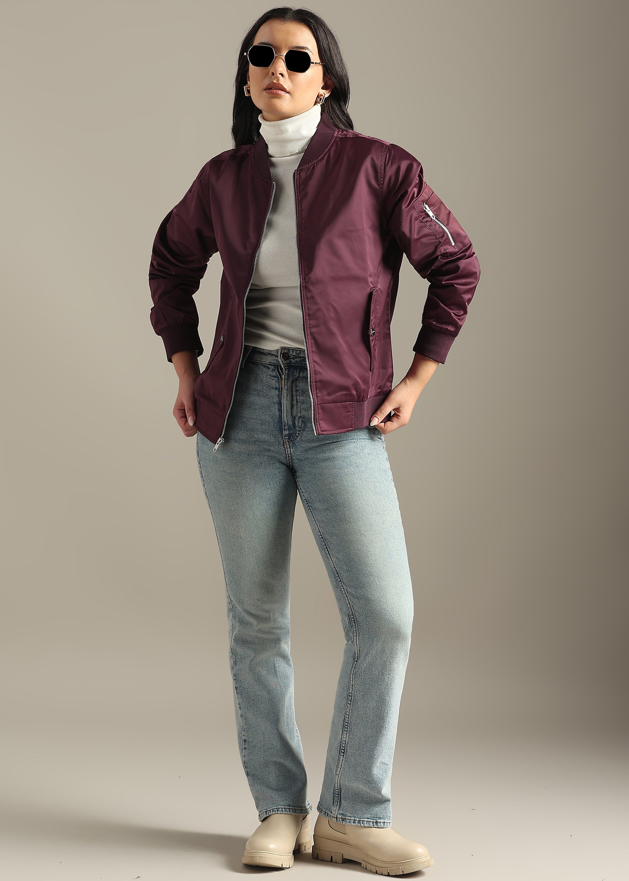 WINE SATIN BOMBER FULL SLEEVE JACKET