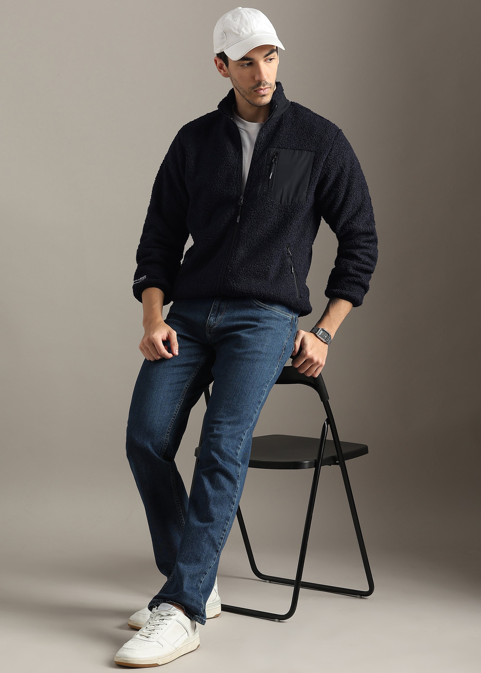 NAVY SOLID FOUX SHEARLING ZIPPER SWEAT SHIRT