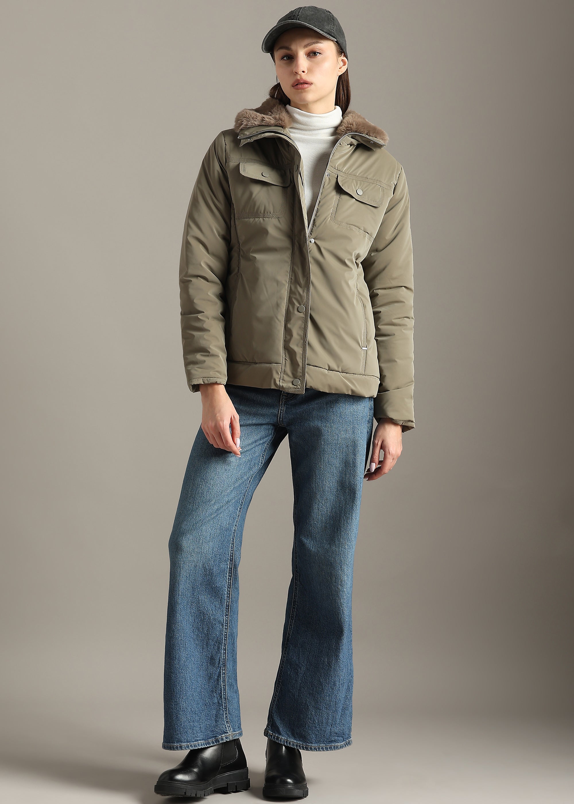 SILVER MINK SOFT SKIN FUR COLLAR FULL SLEEVE JACKET
