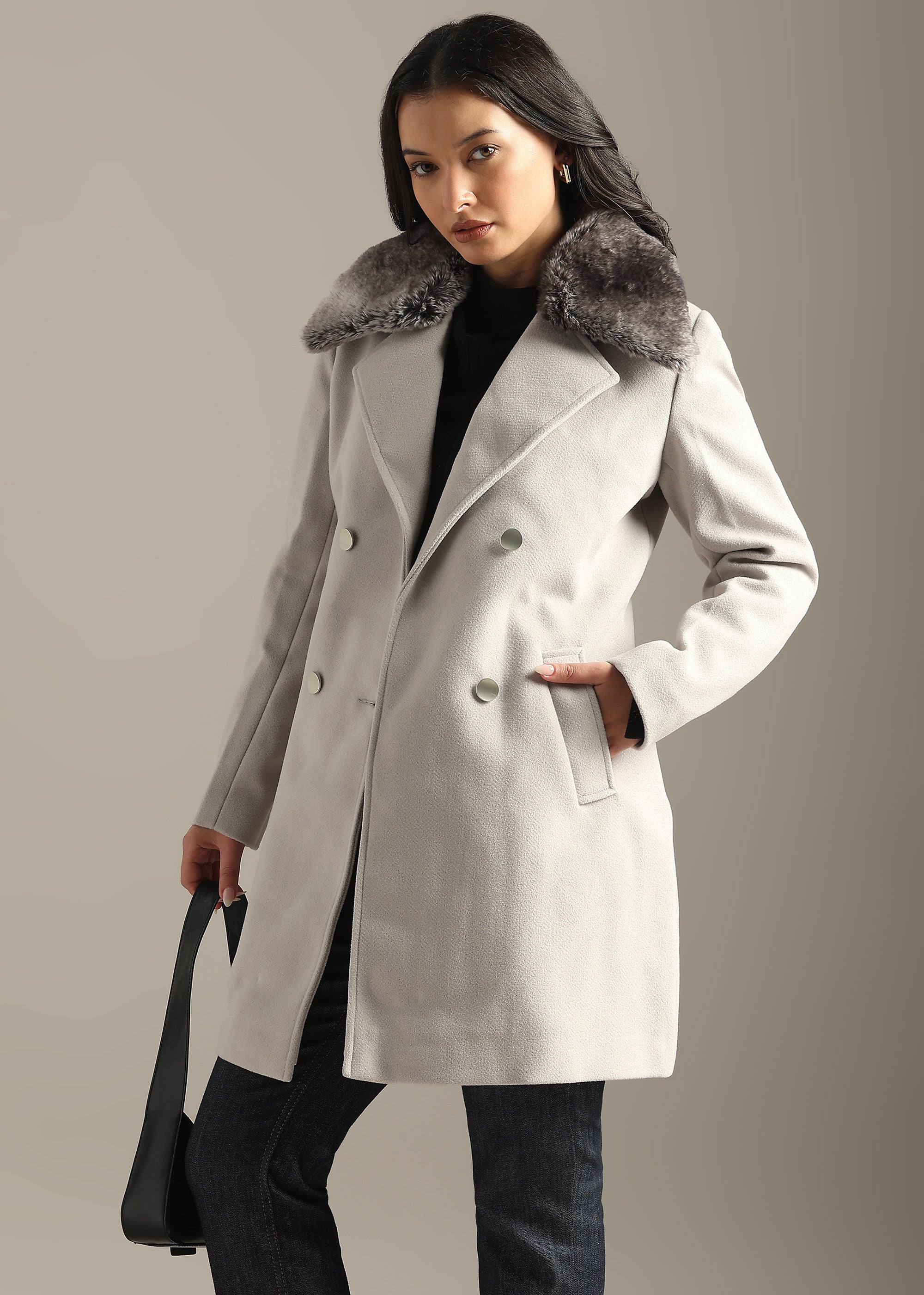 CEMENT SOLID TWEED DETACHABLE FUR COLLAR OVERCOAT