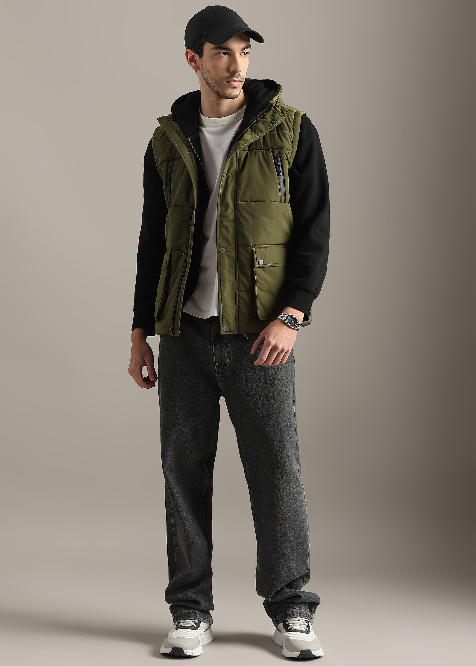 OLIVE SOLID POLYESTER CARGO CHESTER GILET