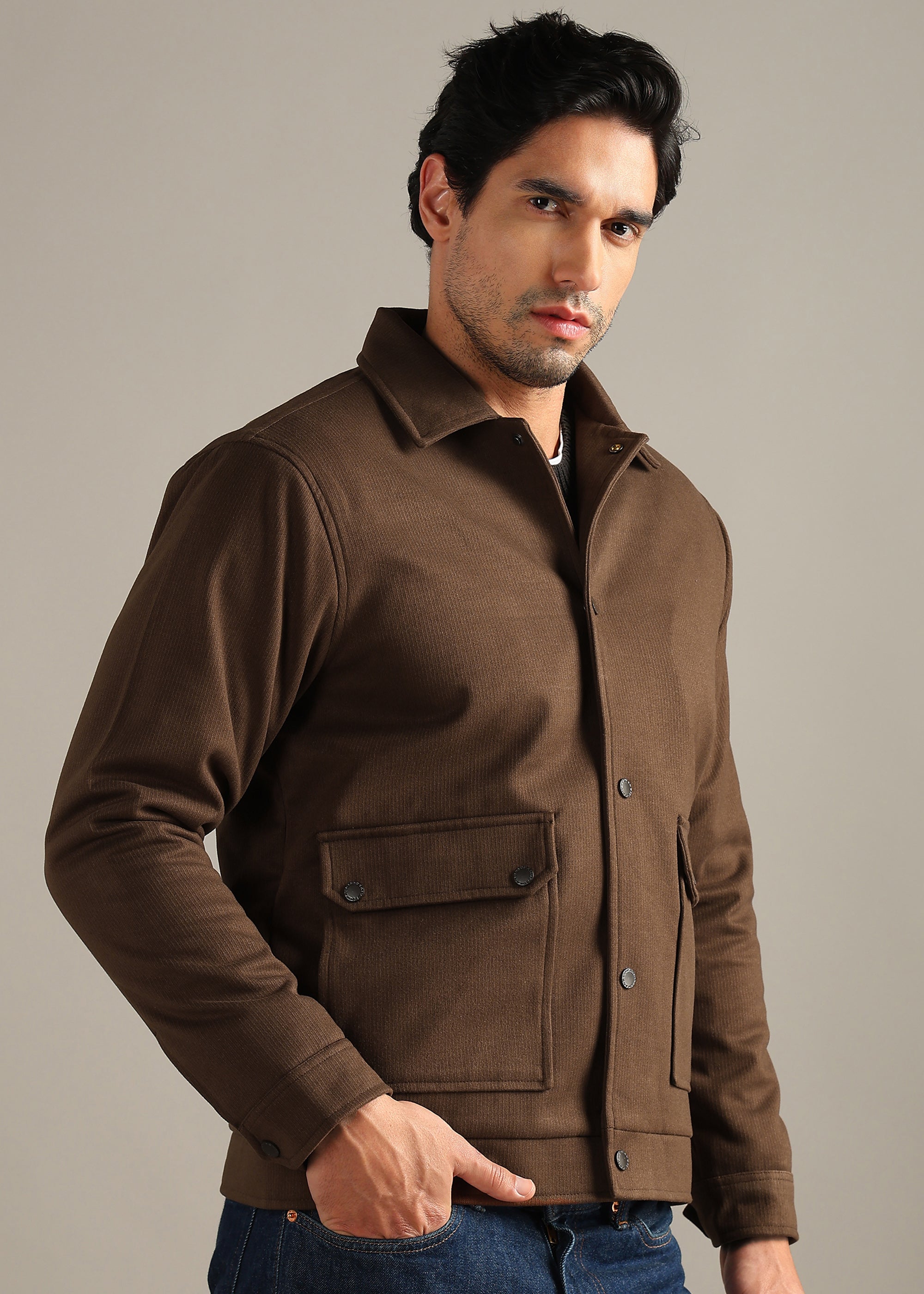 BROWN STRUCTURED BLOUSON FULL SLEEVE JACKET