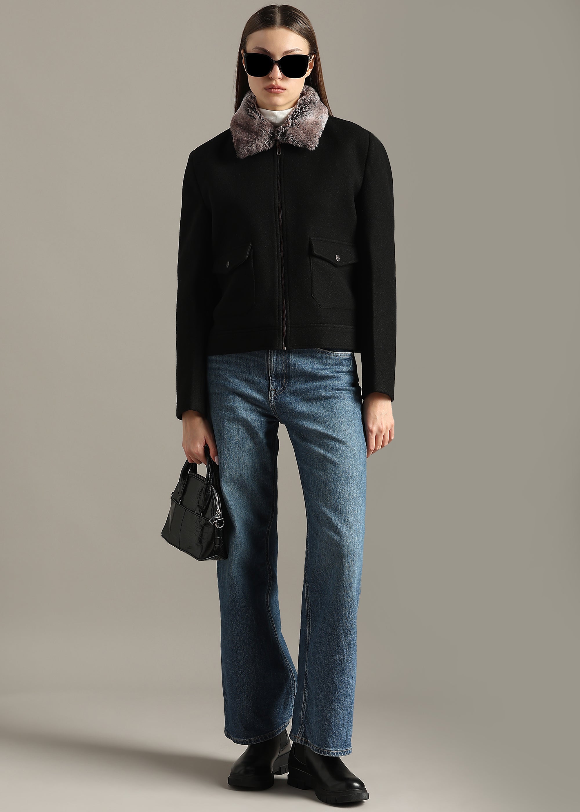 BLACK DETACHABLE FUR BLOUSON COAT