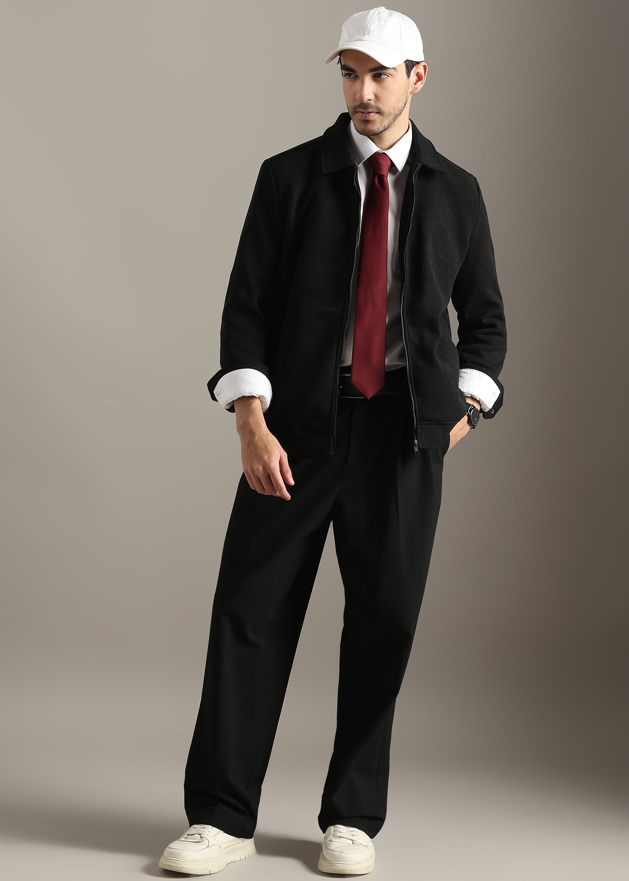 BLACK STRUCTURED BLOUSON FULL SLEEVE JACKET