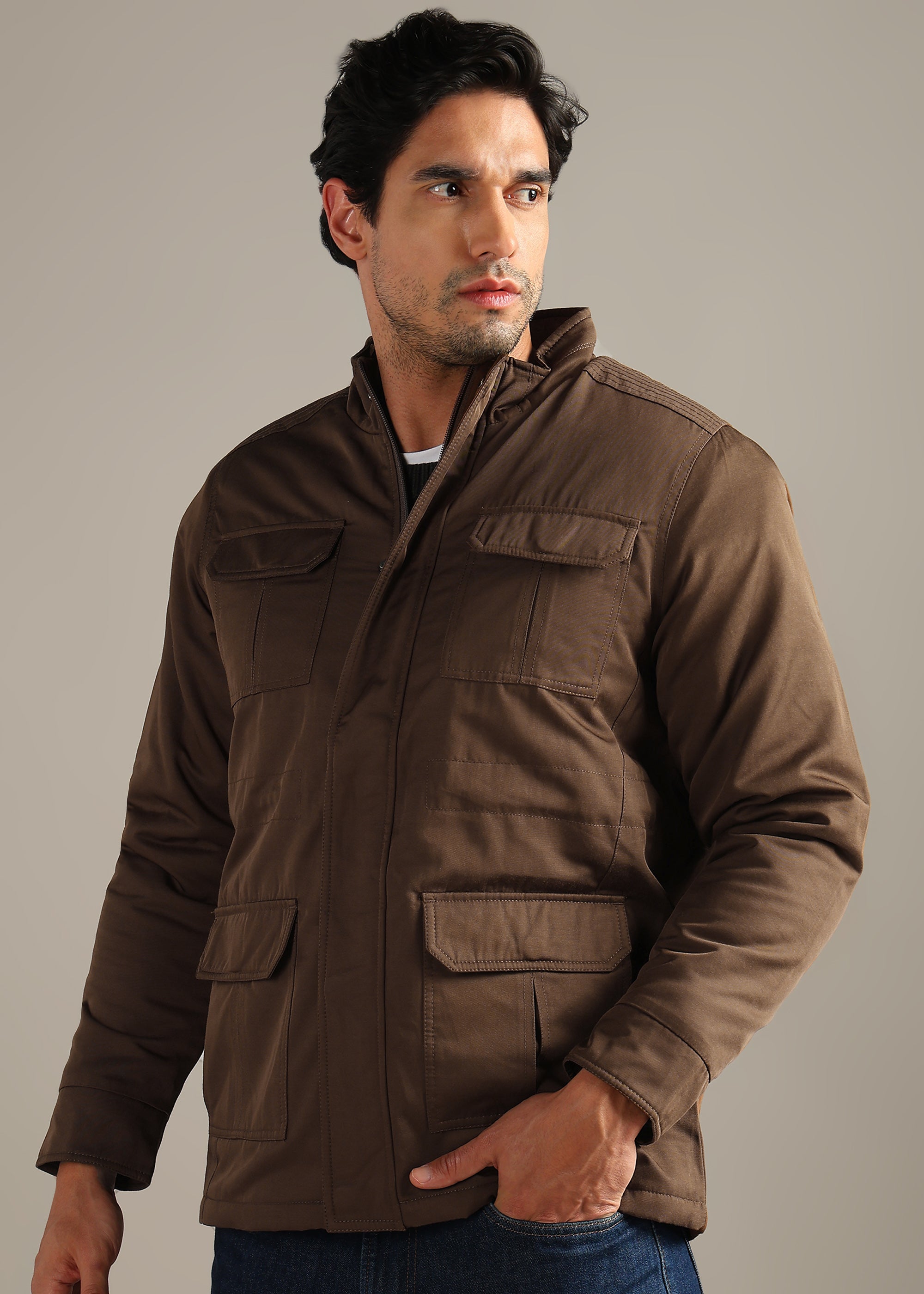 COFFEE SOLID FUR COTTON CARGO FULL SLEEVE JACKET