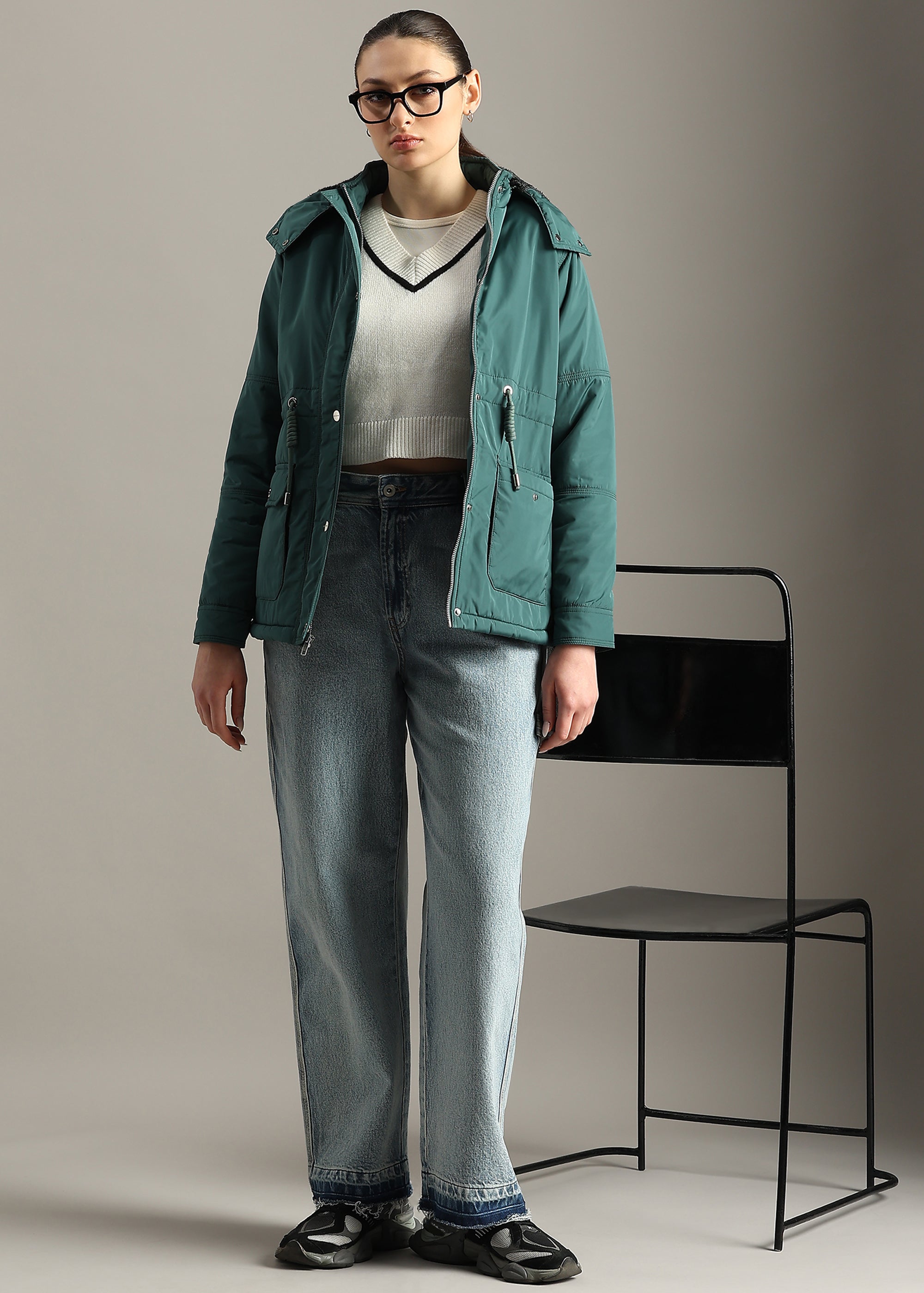 GREEN SOLID FUR PADDED PARKA FULL SLEEVE JACKET