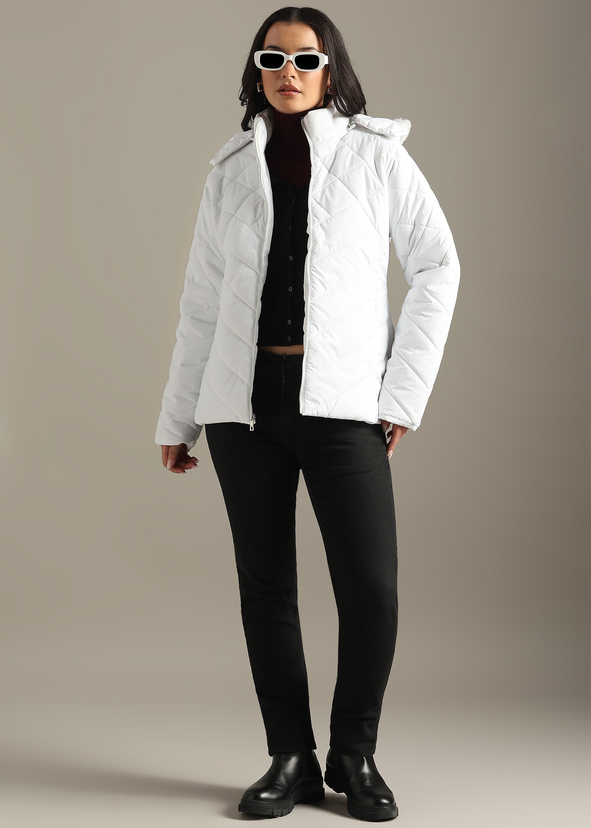 WHITE ENGINEERED QUILTED FULL SLEEVE JACKET