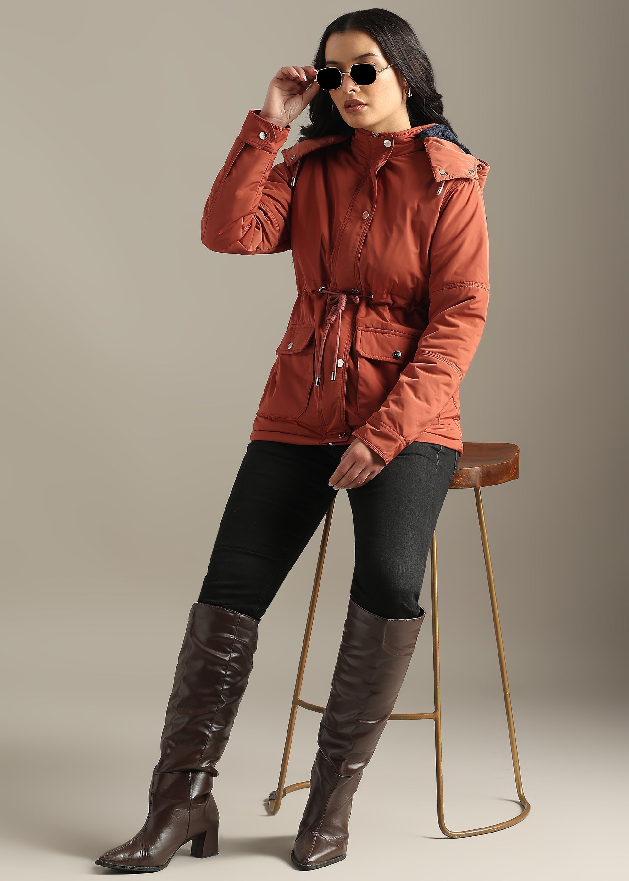 PEACH SOLID FUR PADDED PARKA FULL SLEEVE JACKET