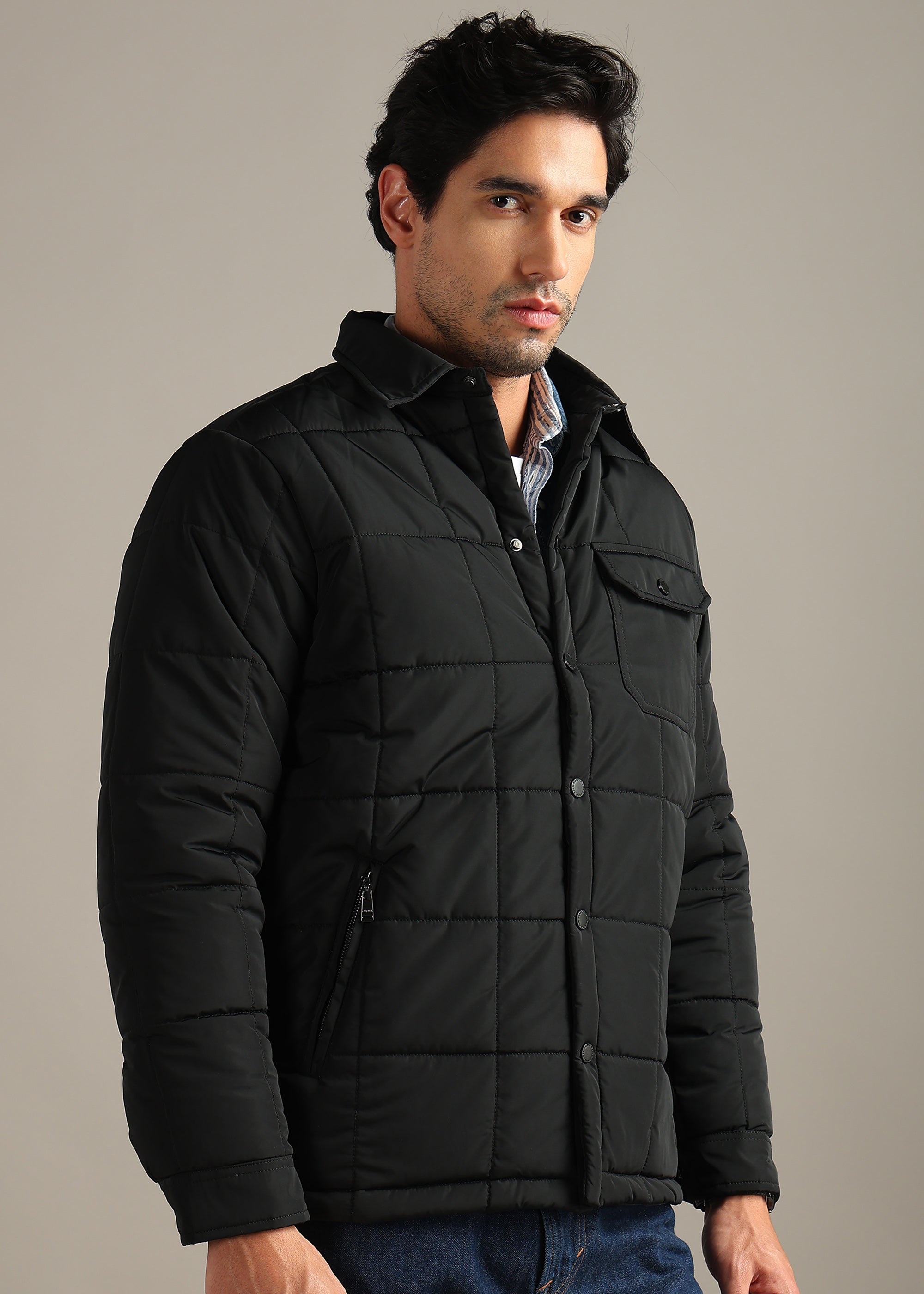 BLACK SOLID BLOUSON QUILTED FULL SLEEVE JACKET